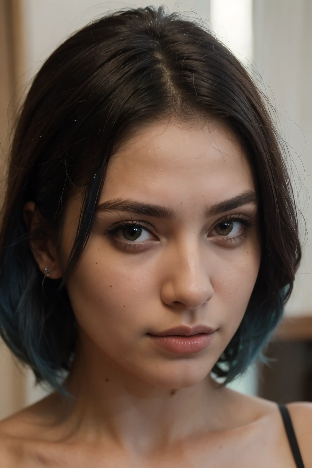 create a beautiful woman with a beautiful face, blue hair