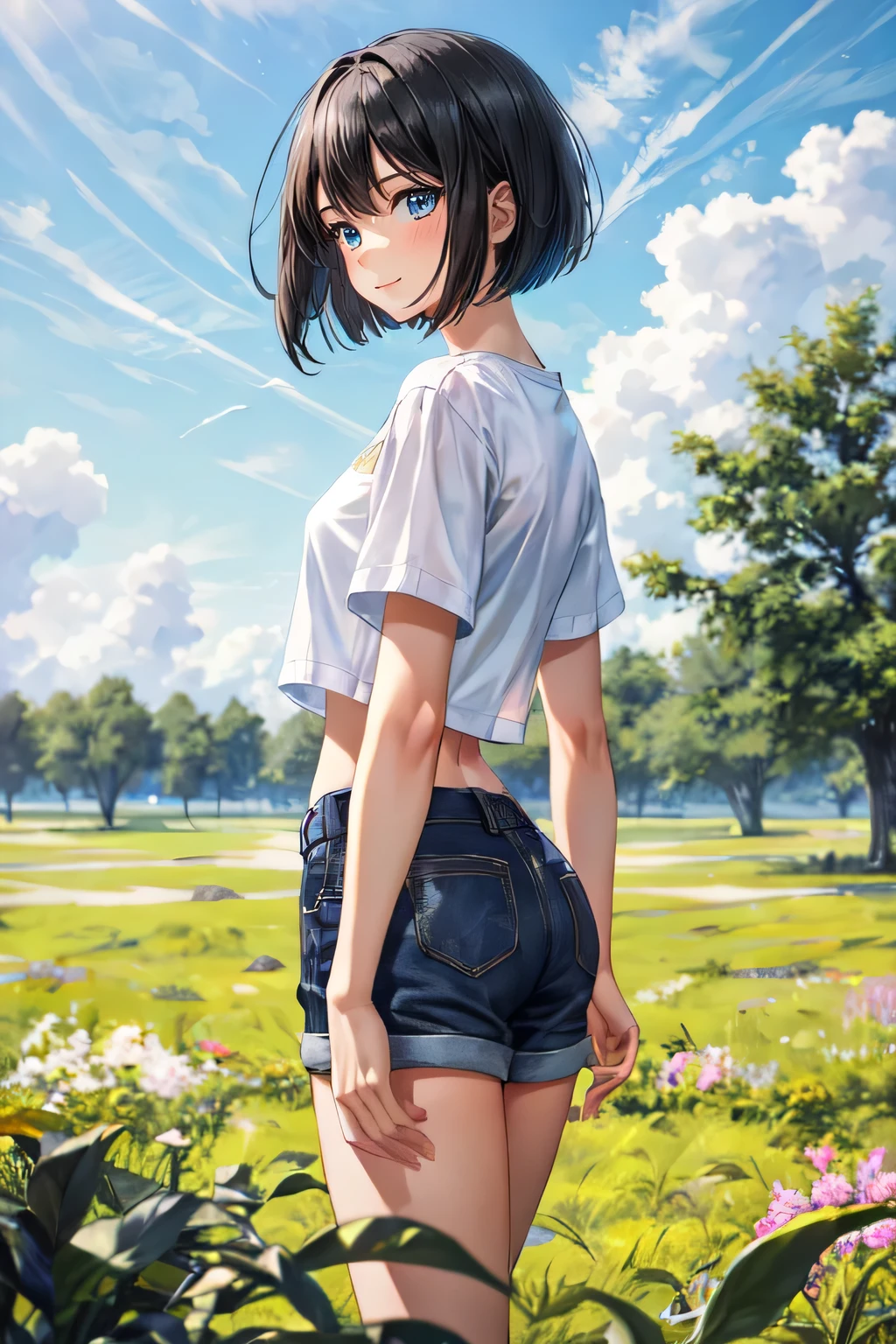 masterpiece, best quality, highres, 1girl, black hair, bob cut, white shirt, short sleeve, blue sky, [grass field::19]