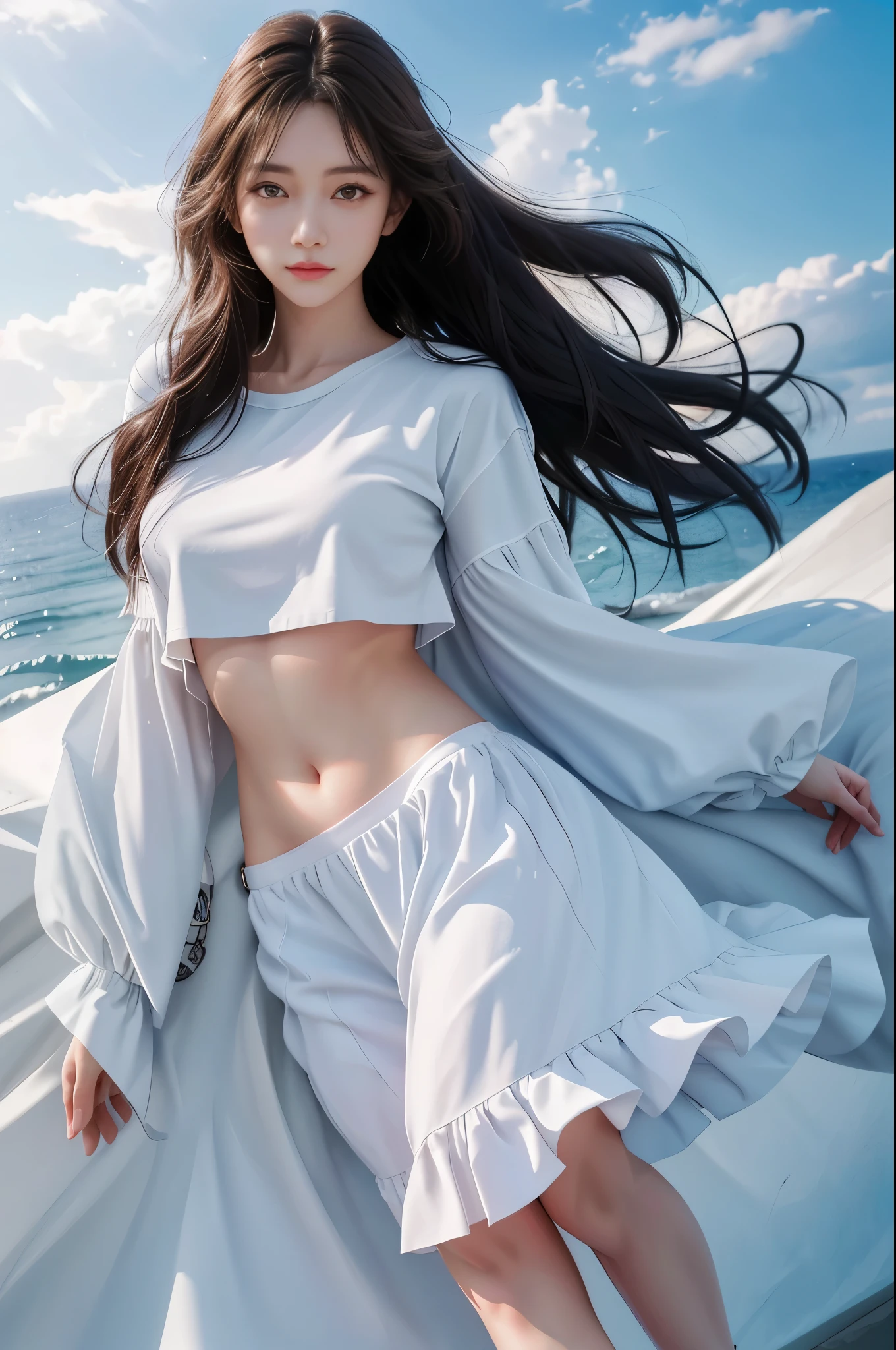 best qualtiy, tmasterpiece, 1girll, beauitful face,(The upper part of the body,upper legs),(Clear facial features) ,(photograph realistic:1.3), edge lit, (highdetailskin:1.2), 8K Ultra HD, digital SLR camera, high high quality, A high resolution, 4K, 8K, Optimal proportions of four fingers and one thumb, (realisticlying:1.3), Cute 1girl, Wearing a short white T-shirt, mediuml breasts, Ruffled miniskirt,navel,Ultra-realistic skin maps,eyes with brightness,perfect body figure,True shadows