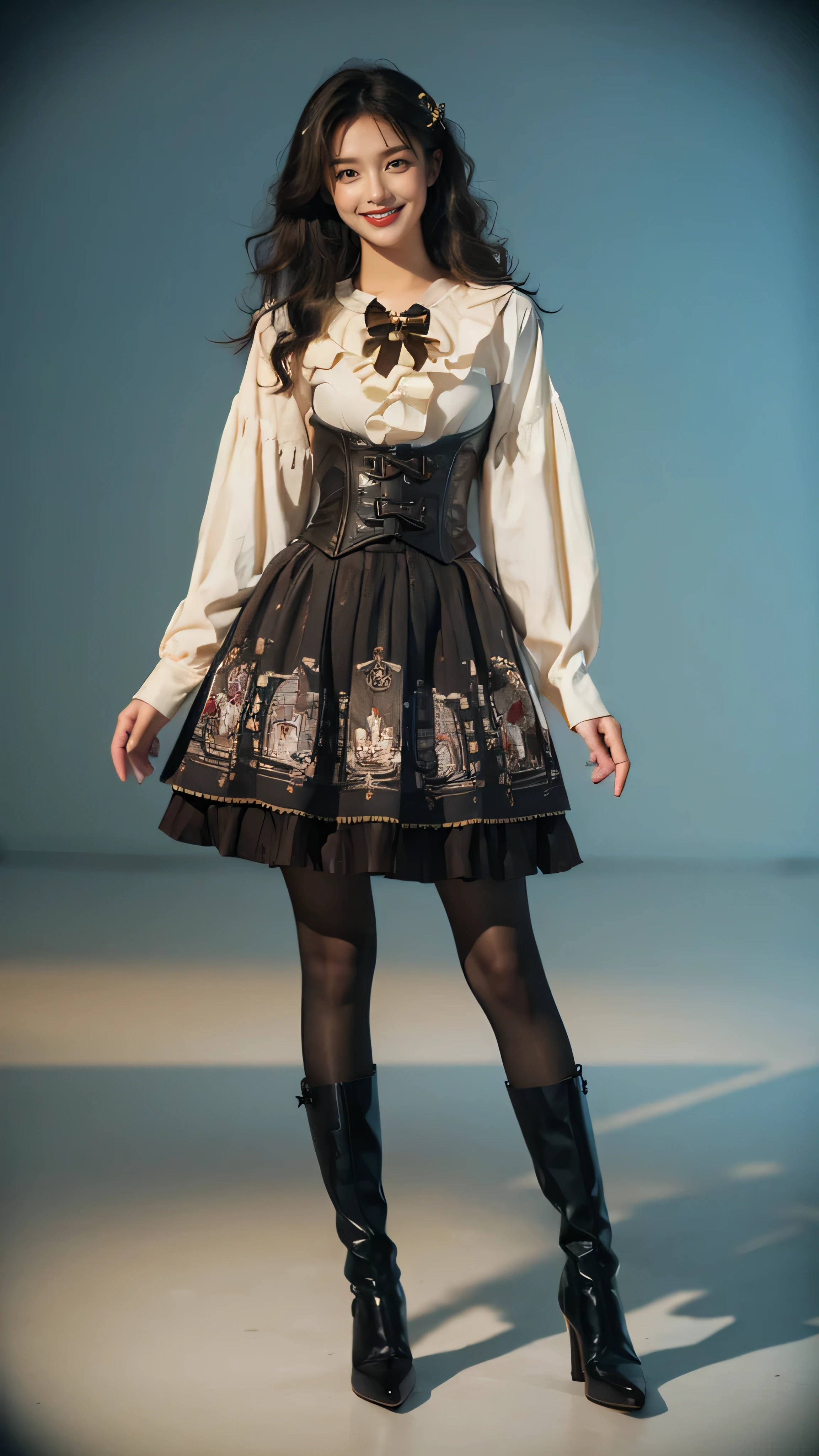 (masterpiece, best quality, realistically, Work, super detailed, 8K), ((Wide-angle lens, whole body女爱)), 1 girl，Light makeup，Exquisite facial features，Smile，whole body, Old clothing, printed dress, White shirt, corset, long sleeve, collar, bowtie, black pantyhose, high-heel boots, Simple background ，front standing posture ，Face the audience，whole body肖像, 