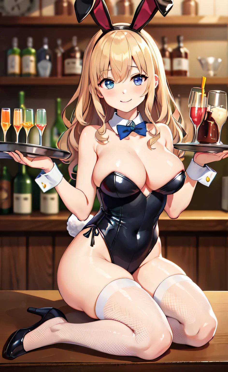 (top-quality、in 8K、32K、masterpiece、nfsw、highly detailed、Impresionismo、Photorealsitic:1.2)、Full body, (a bar counter、shop front:1.4)、cara simetrica y hermosa, deep-shadow, beauitful face、blurry backround、20-year-old beauty、shinny skin, Beautiful wavy golden hair、 poneyTail、Blue eyes, Beauitful face、blurry backround、 Bunny Girl、High-cut leotards、Muy delgado leotardo se ve el cuerpo atraves de el, a bow tie、White cuffs、Thighs wrapped in fishnet stockinglack rabbit ears、Have a tray of liquor、sit on the table、Shy smile、Curve, uncensored, nsfw, very hot, all leotrard casi trasnparente