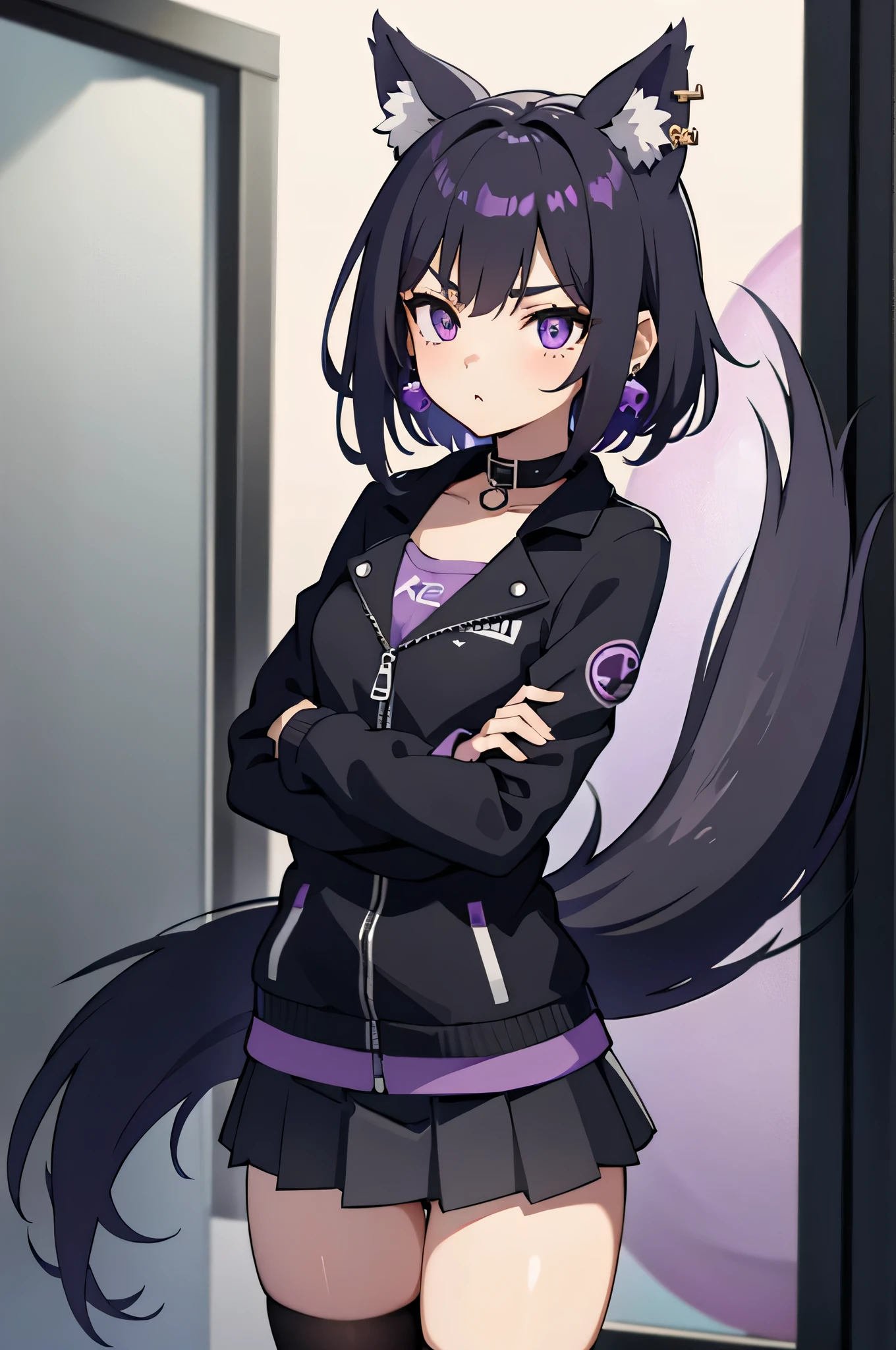 Purple eyes, purple mini skirt, pretty girl, anime style, foxgirl, skinny, black mini jacket, short black hair, 8k, hi-res, black collar, earrings, small breast, skinny, cute face, fox tail