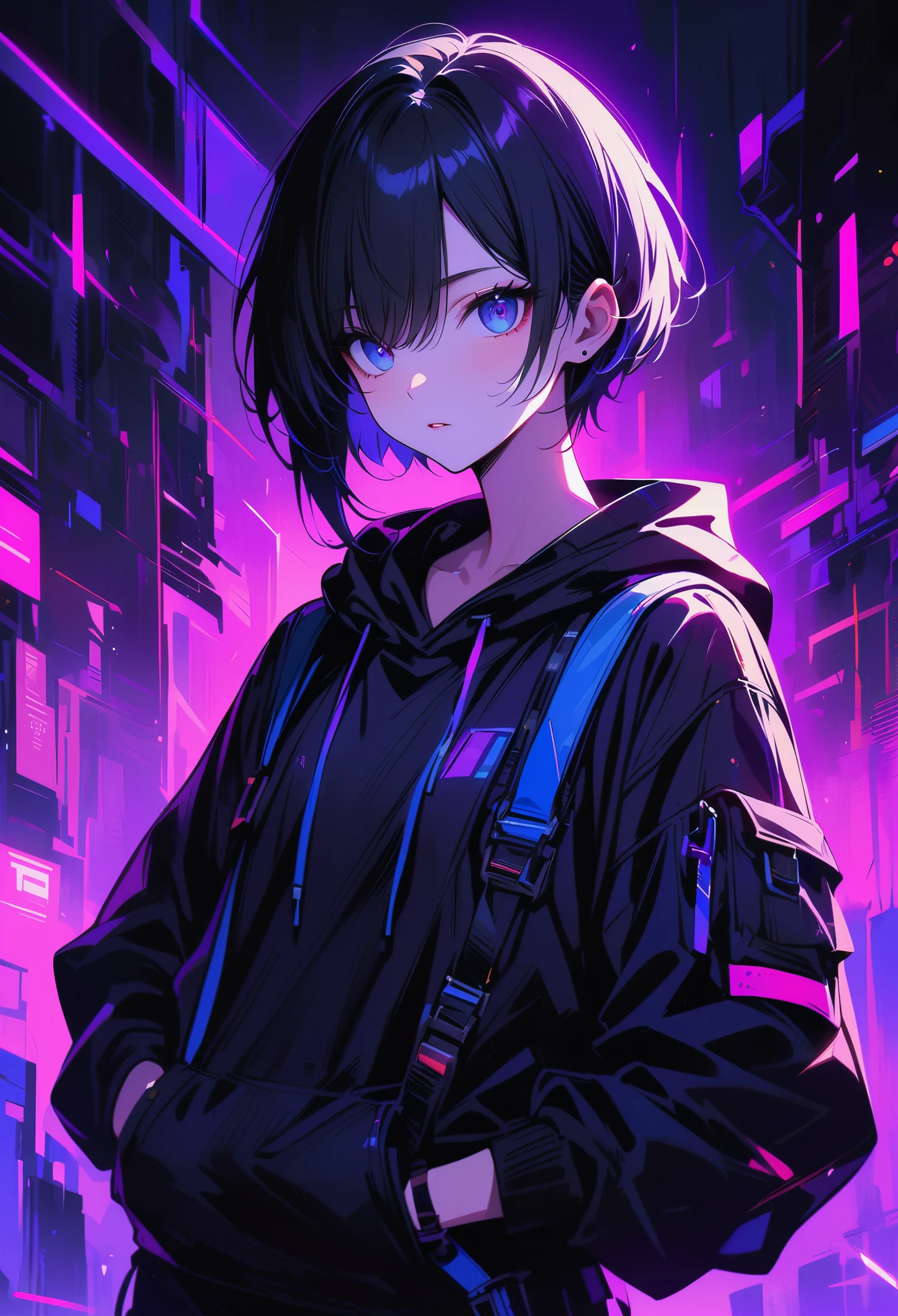 blacklight,(masterpiece), ((Best image quality)), 8K, high detail, Super details, 1 person ((androgynous)), pale skin, very short hair, (Pixie cut), Asymmetric bangs, ((soft violet)), (blue eyes), Black beanie, (Black long sleeve cropped hoodie) Under the white vest and suspenders, Clothing style is futuristic ((futuristic style background))