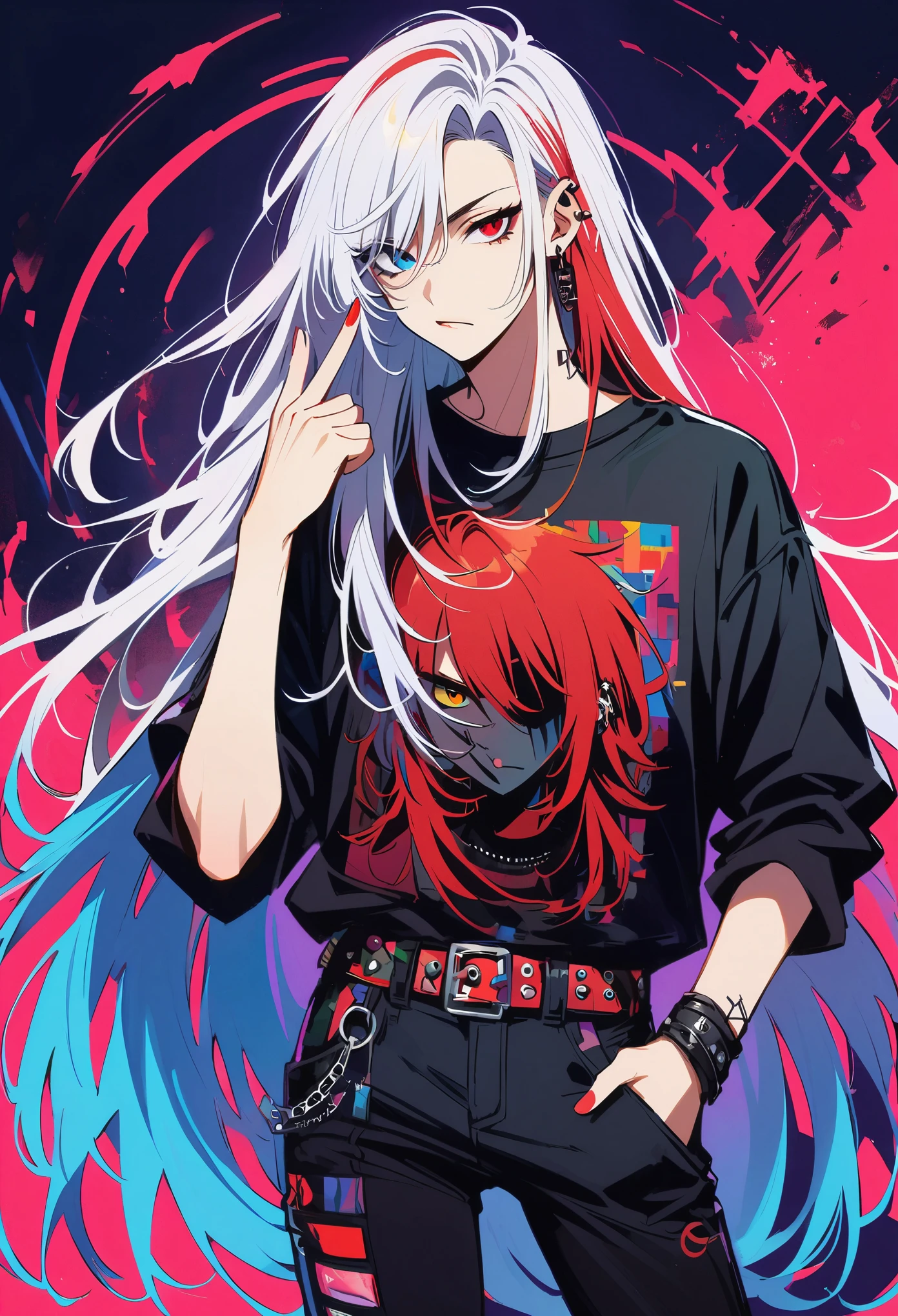 age guy, punk, black clothes, belt, circuit, body piercing, Red&White SEC on long hair, Colorful prints on clothes, rogue, Show middle finger, heterochromia, The left eye is blue, Right Eye Bright Red, solid color background, cool atmosphere
