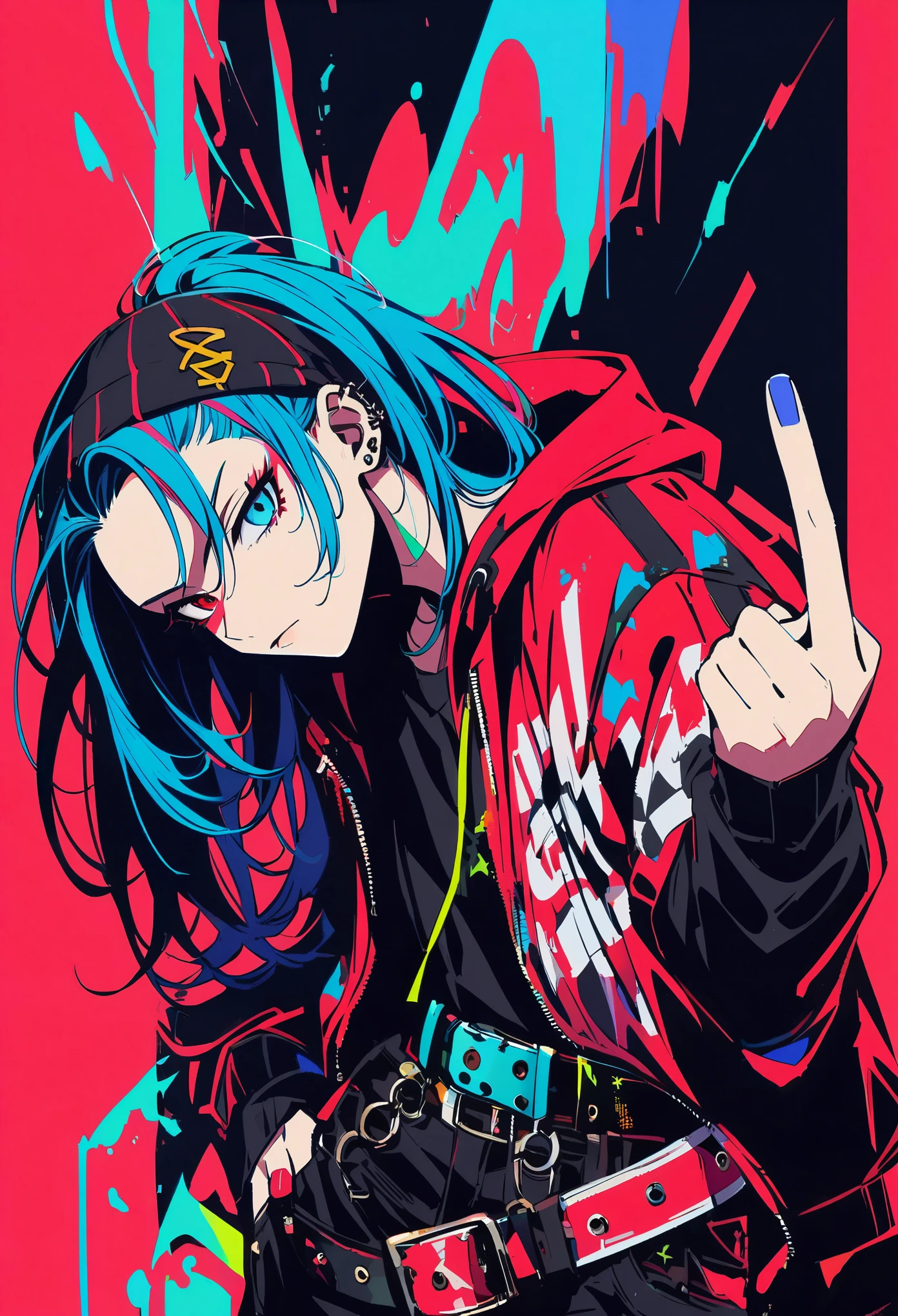 teenage guy, punk, black clothes, belt, circuit, body piercing, Red&White SEC on long hair, Colorful prints on clothes, rogue, Show middle finger, heterochromia, The left eye is blue, Right Eye Bright Red, solid color background, cool atmosphere
