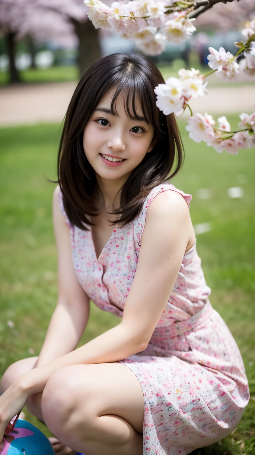 Best-quality, Masterpiece, Ultra-High-Resolution, (Photorealistic:1.4), Raw-Photo, 1girl, 15-years-old, the most famous Japanese idol, having a lot of fun at cherry blossoms viewing party, wearing spring-outfit with cute-design, dynamic-pose, extremely cute drunk-face like the most popular Japanese idol, extremely beautiful big-black-drunk-eyes, extremely beautiful hair, extremely beautiful drunk-skins, extremely beautiful long-eyelashes, extremely beautiful lips, extremely beautiful short-body, extremely beautiful thighs, detailed cherry-blossoms-viewing-party