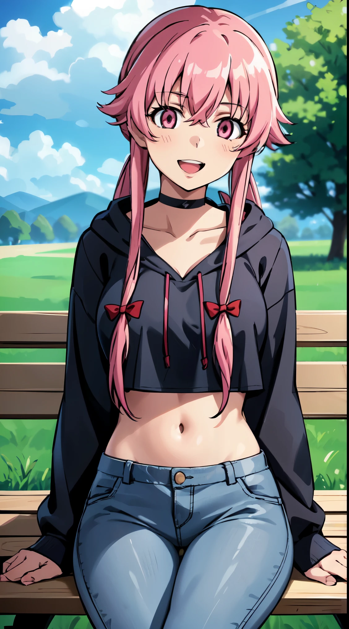 1girl, balloon, outdoors, denim, solo, pants, jeans, smile, pink_hair, choker, sitting, looking_at_viewer, hood, navel, pink_eyes, breasts, day, black_choker, midriff, long_sleeves, hoodie, collarbone, sky, grass, bangs, long_hair, blue_sky, open_mouth, sidelocks, tree, bench, hair_bow, twintails, black_hoodie, bow, hair_between_eyes, hood_down, cloud, building, medium_breasts, crop_top, teeth, blurry