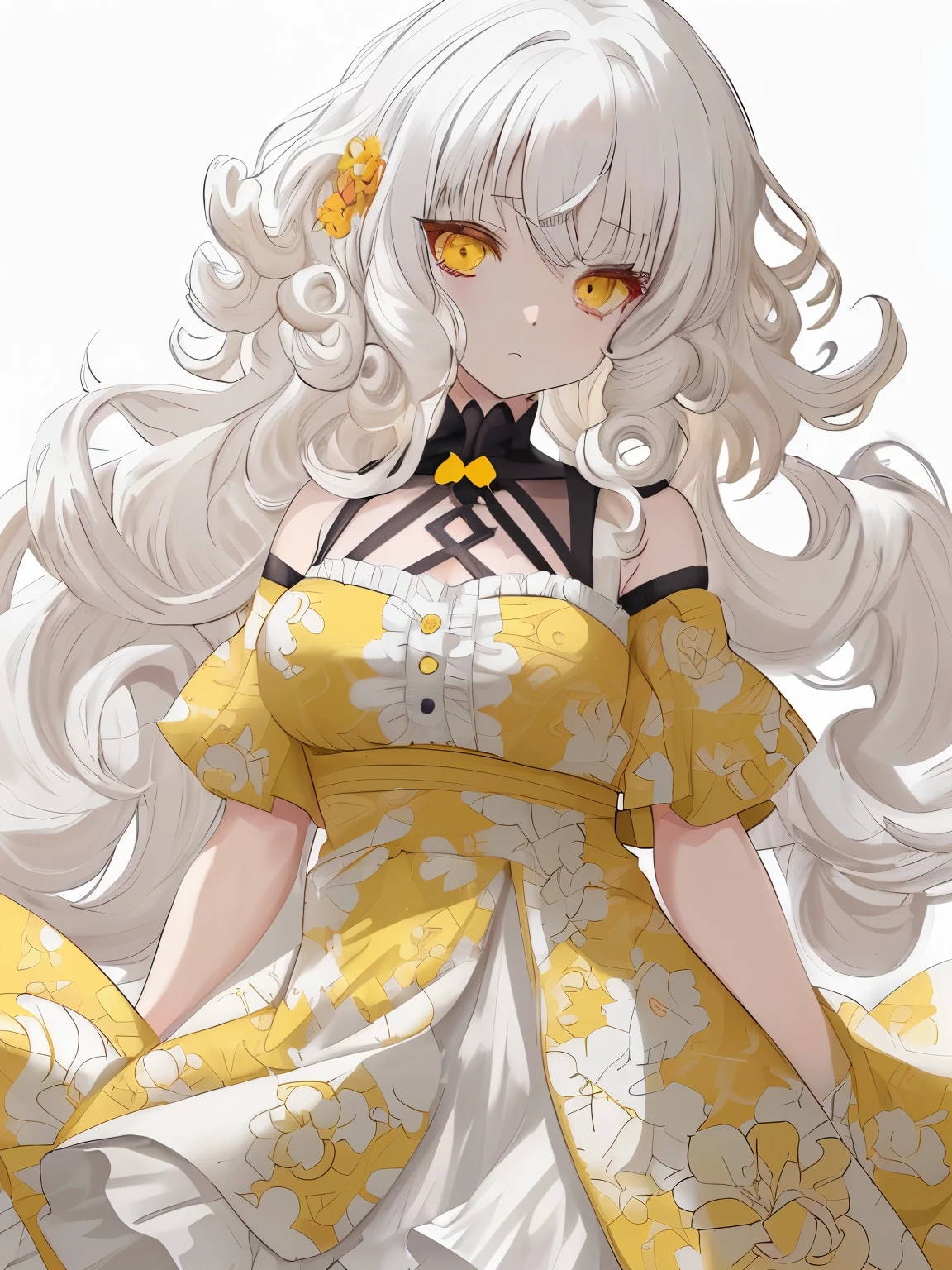 Anime girl,  yellow eyes, white hair (curly hair), She was wearing a floral patterned dress, ((no background, white background)).