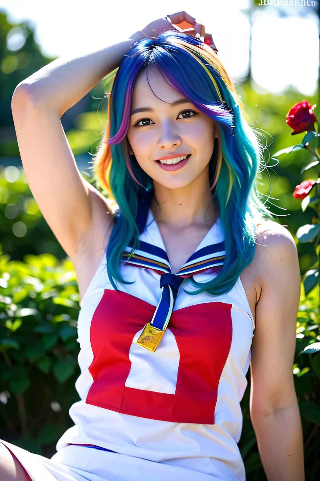(highest quality, masterpiece, ultra high resolution, (realistic:1.4), Raw photo), (woman,smile(rainbow colored hair 1.5)),((Please show me your armpits))(sailor suit,blue tone),(background,ireland garden,Rose)
