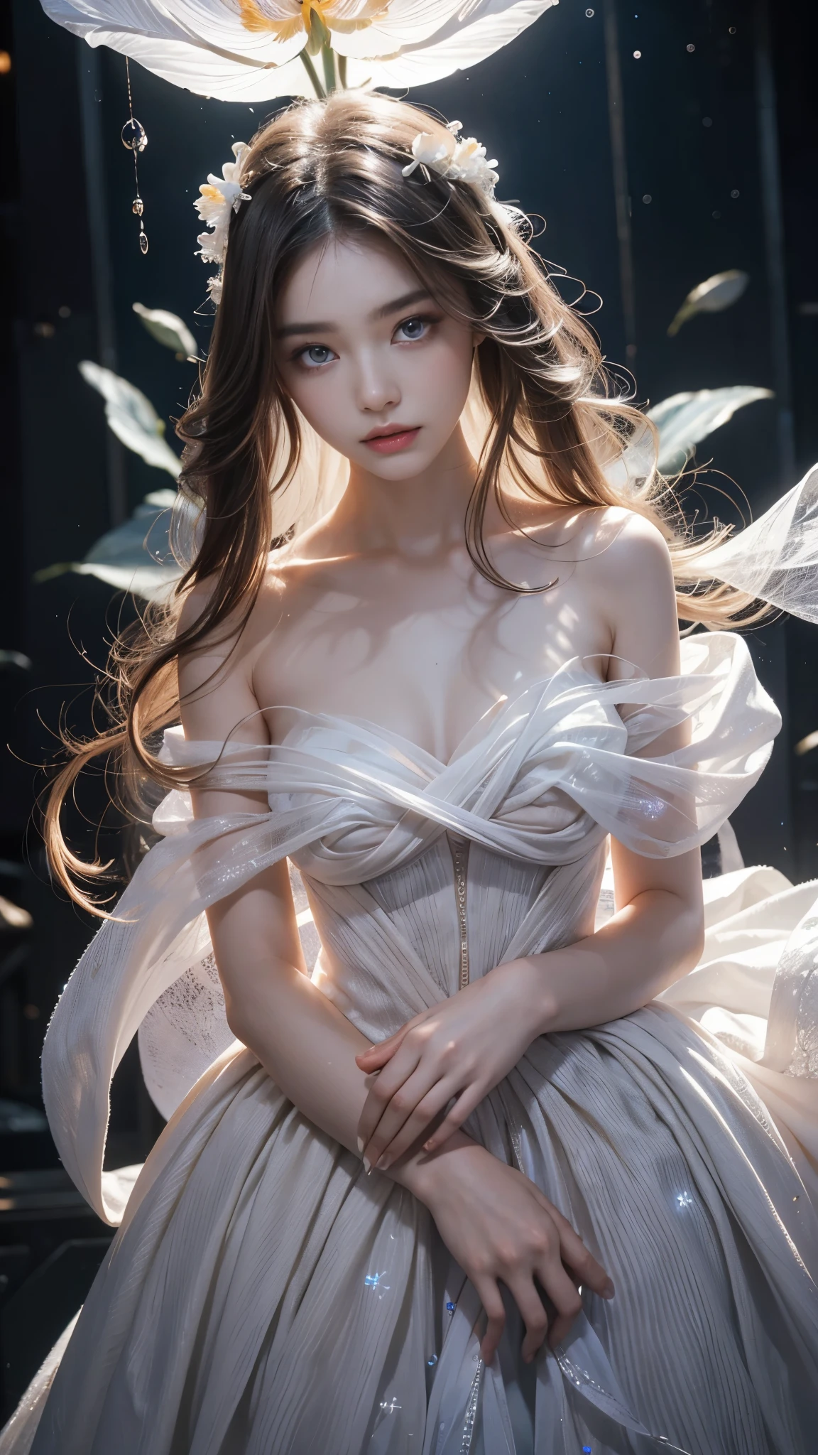 Full figure, seven -clinging shooting, 18 years old, wearing science fiction dress, exquisite faces, details, hands, ultimate details, amazing magnificence, LED internal lighting, Pedaipan style, fiber hair, glowing white iris, glowing white iris, upper body,