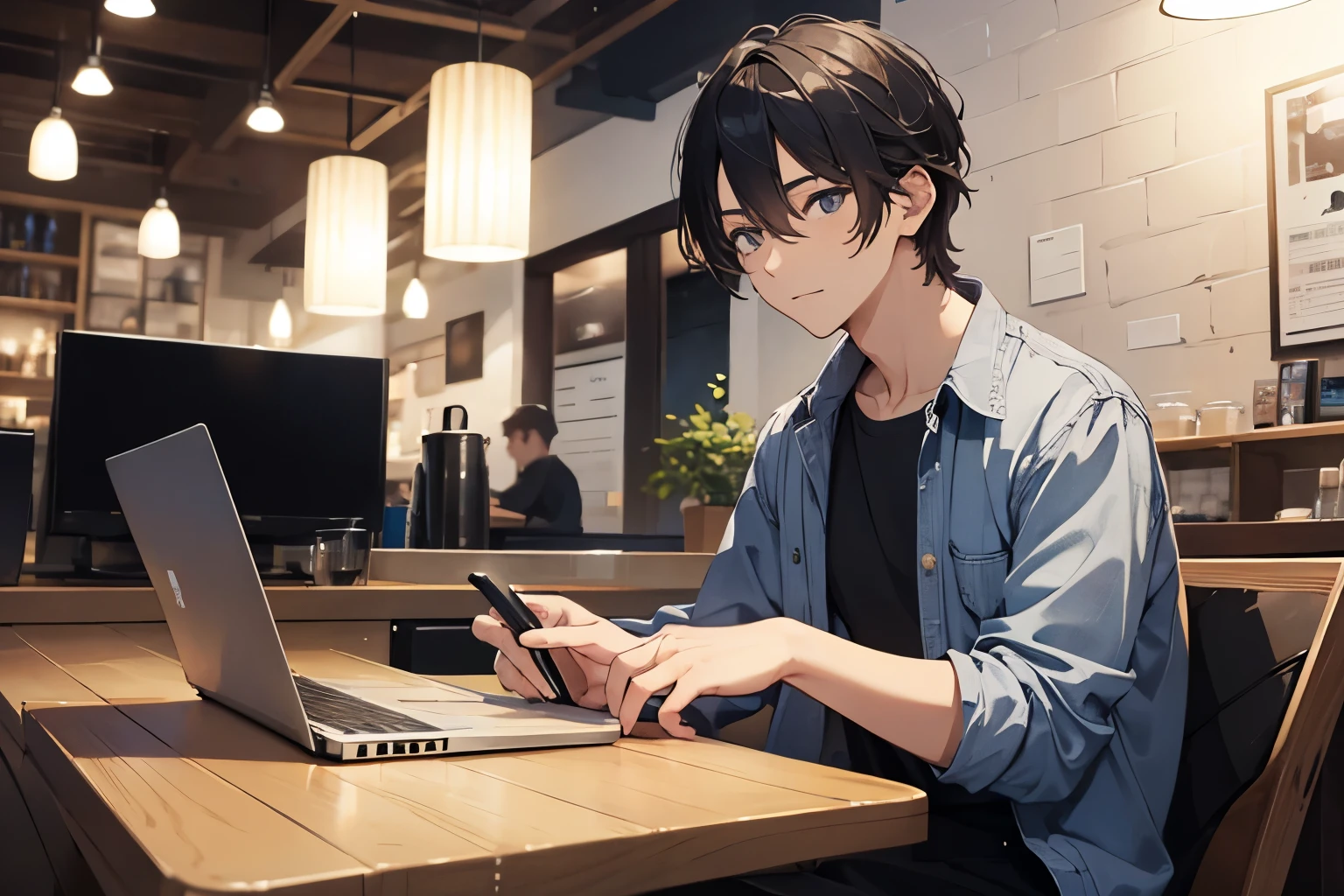 A man operating a laptop in a stylish cafe、28 years old、adult atmosphere、Close-up、casual clothes