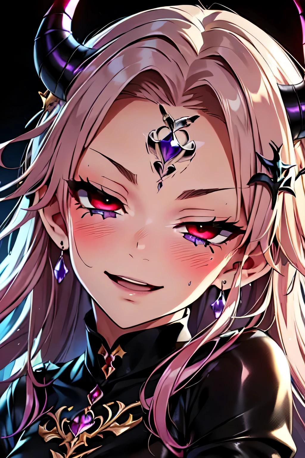 woman。purple hair。long hair。red eyes。naughty look。bad woman。anime girl。beautiful face。devilish look。cartoon-like。naughty smile。clear eyes。dark background。dark impression。in the dark。black background。black hair ornament。black combat uniform。devil&#39;horn。black shirt