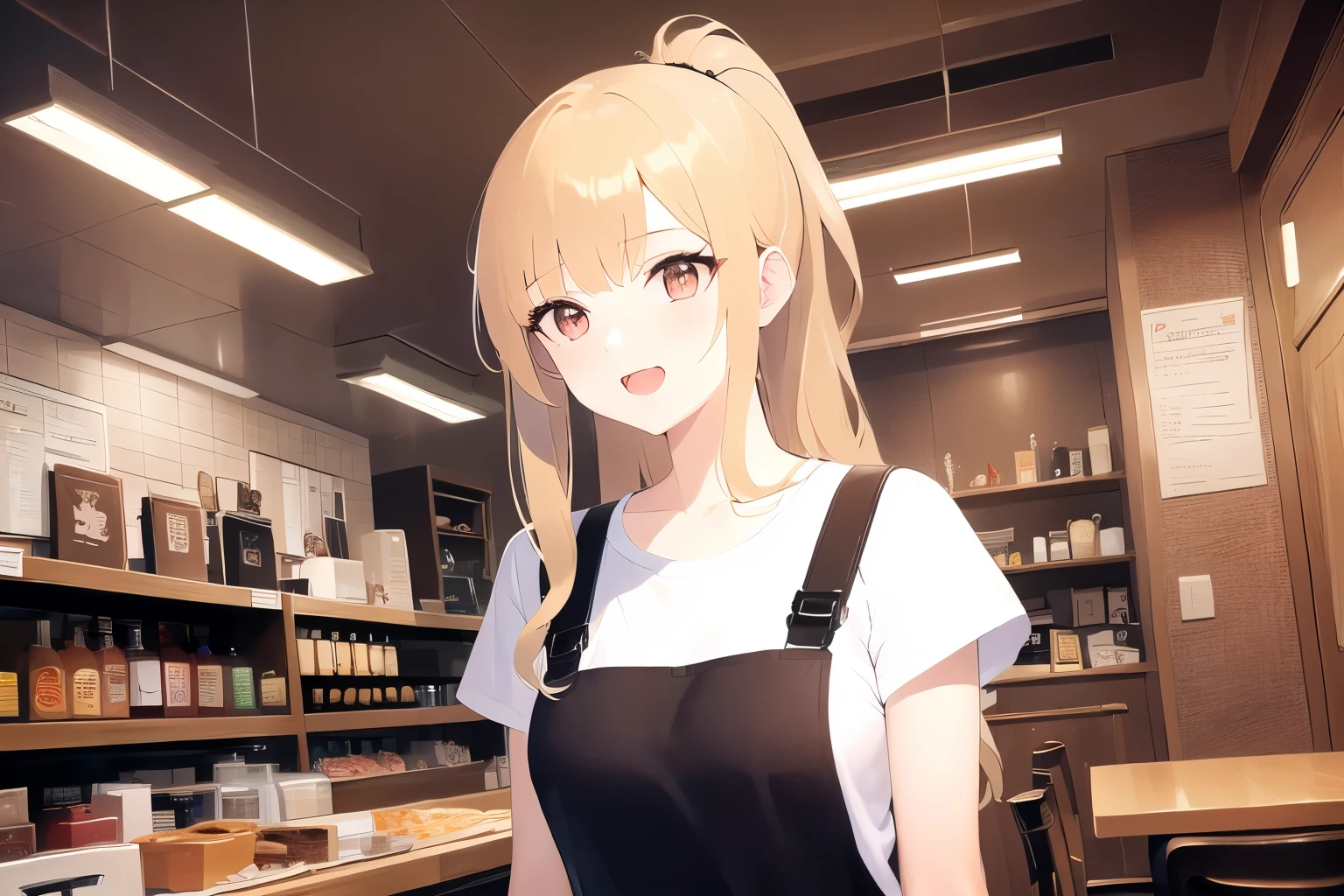 night, dark, Upper Body, Realistic, real person, (pale skin: 1.2), RAW photo, photorealistic, portrait photography, shiny skin, japanese idol、shiny hair、(25 year old woman with medium hair with blonde bangs) and (wavy hair) and (orange eyes) ,　ponytail、 smile, open mouth, Wearing a plain white T-shirt、red apron、The background is the interior of the restaurant.、Alone、Are standing
