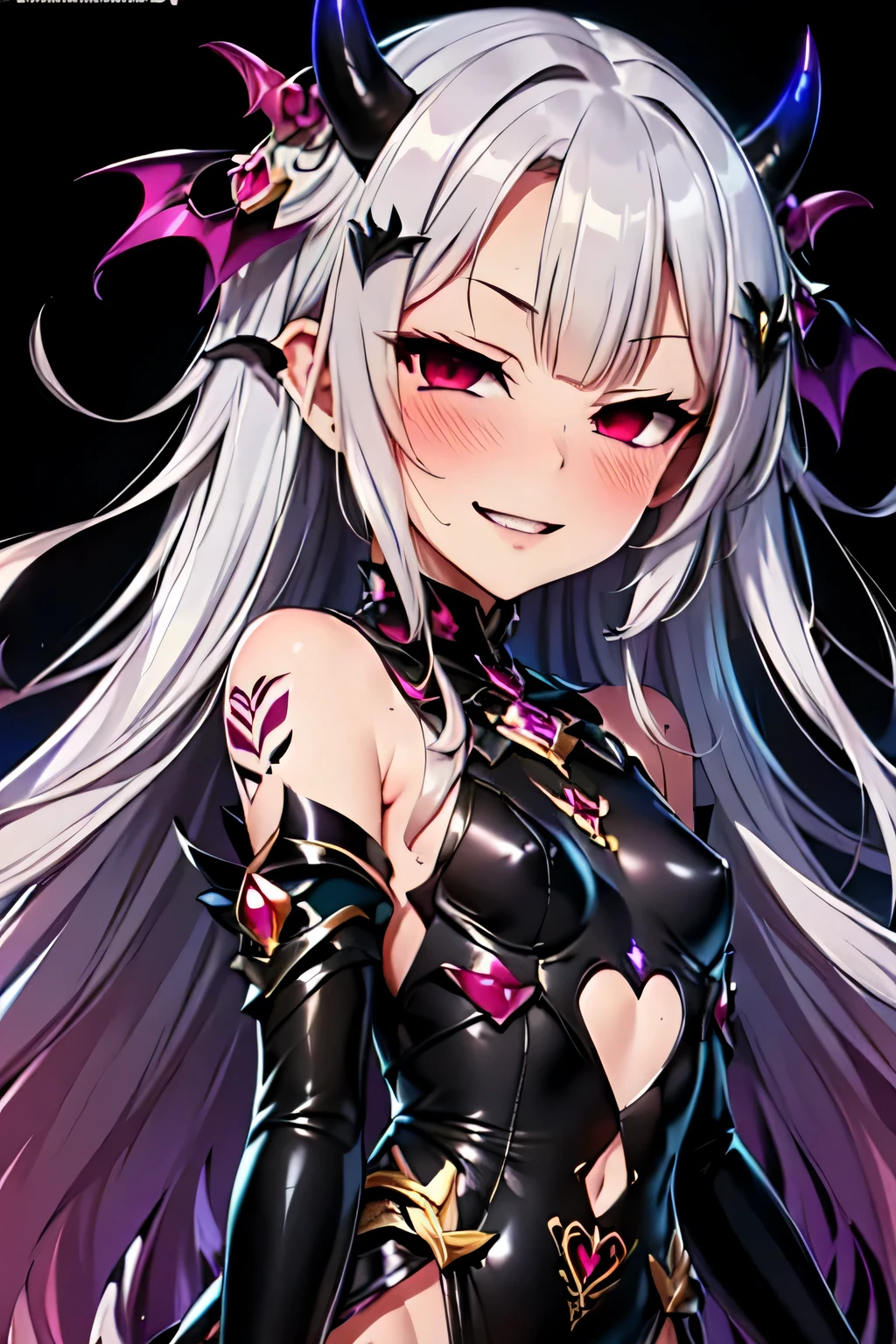 woman。purple hair。long hair。red eyes。naughty look。bad woman。anime girl。beautiful face。devilish look。cartoon-like。naughty smile。clear eyes。dark background。dark impression。in the dark。black background。black hair ornament。black combat uniform。devil&#39;horn。black shirt