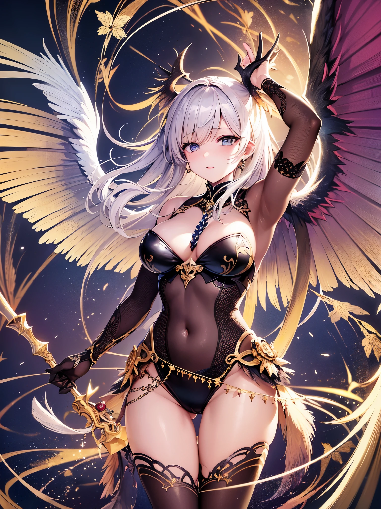 ((highest quality)),(ultra high resolution),(Super detailed),(detailed description),((best CG)),(best work of art),super precision art,amazing drawing art,(Art with precise details:1.5), (Female angels:1.6),(Big wings of light that envelop her:1.5),powerful flapping of wings,Dancing, shining feathers, Burning Sun,conviction,Demons