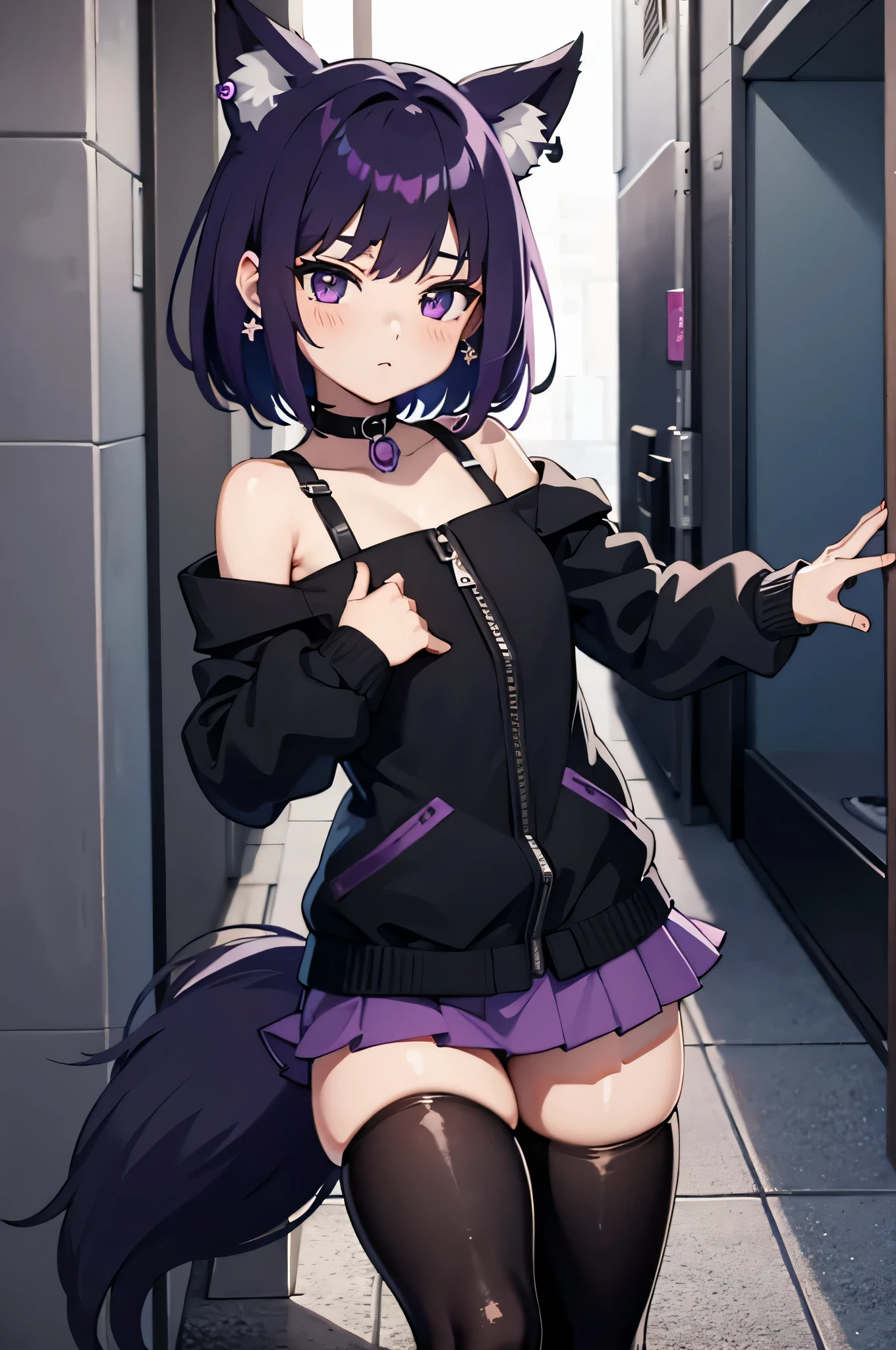 Purple eyes, purple mini skirt, pretty girl, anime style, foxgirl, skinny, black mini jacket, short black hair, 8k, hi-res, black collar, earrings, small breast, skinny, cute face, fox tail, sexy