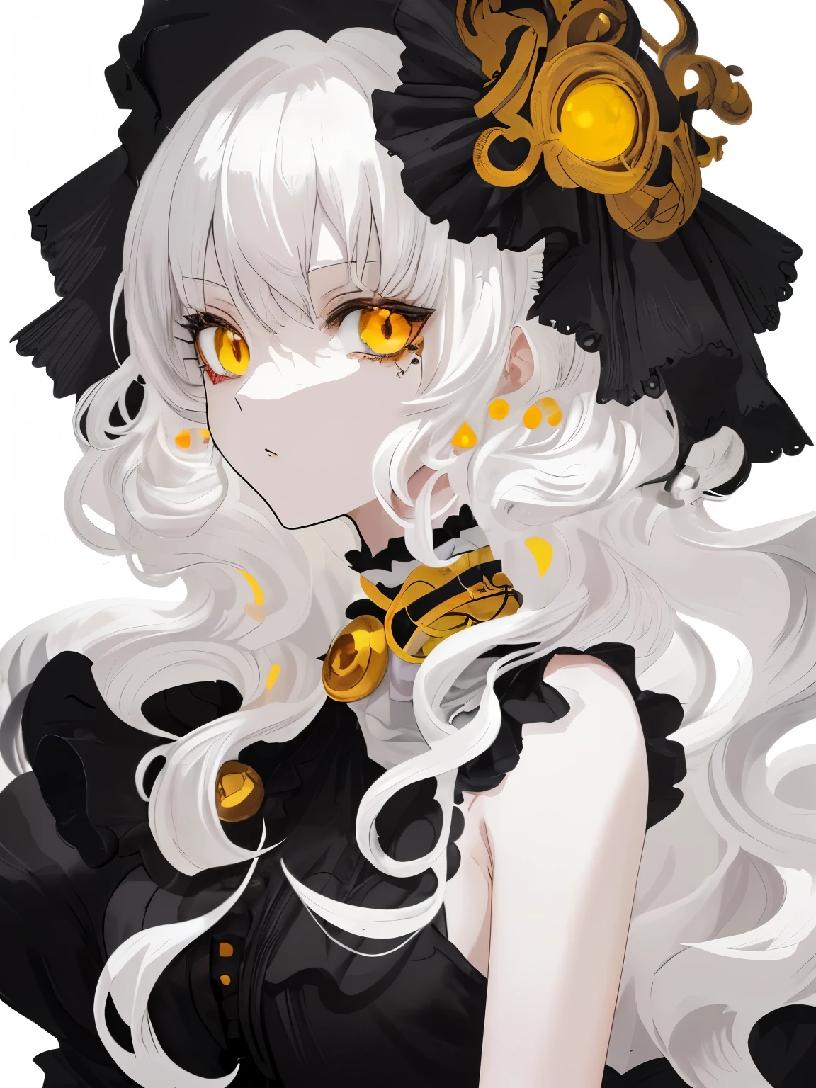 Anime girl,  yellow eyes, white hair (curly hair), She was wearing a black dress, ((no background, white background)).