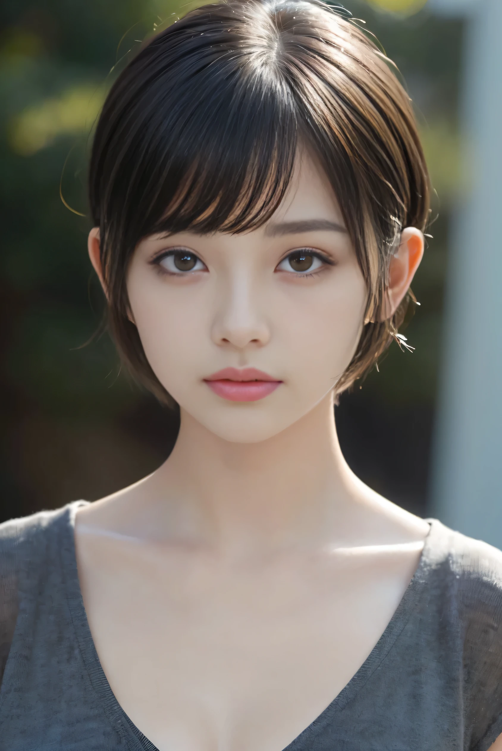 (highest quality, High resolution, Super detailed:1.2), (realistic, photorealistic, photo-realistic:1.37), (thin:1.2), , (black pixie cut:1.3), very short hair, (dull bangs), Immerse yourself in the world of dark tones, facing the front