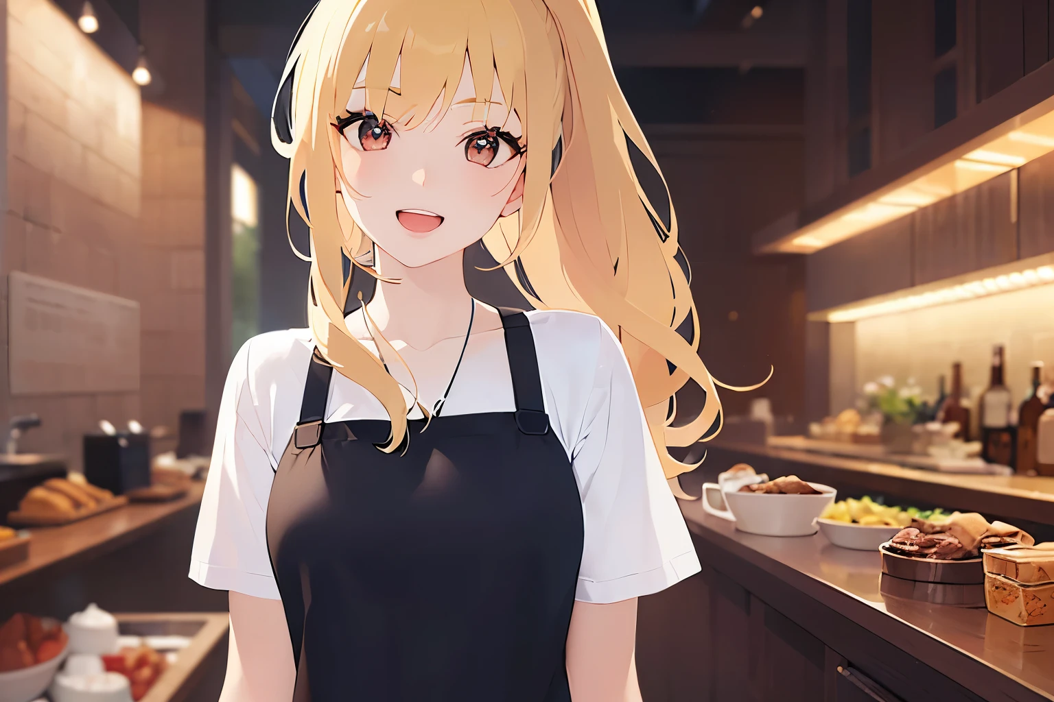 waving hand, night, dark, Upper Body, Realistic, real person, (pale skin: 1.2), RAW photo, photorealistic, portrait photography, shiny skin, japanese idol、shiny hair、(25 year old woman with medium hair with blonde bangs) and (wavy hair) and (orange eyes) , ponytail、 smile, open mouth, Wearing a plain white T-shirt、red apron、The background is the interior of the restaurant.、Alone、Are standing