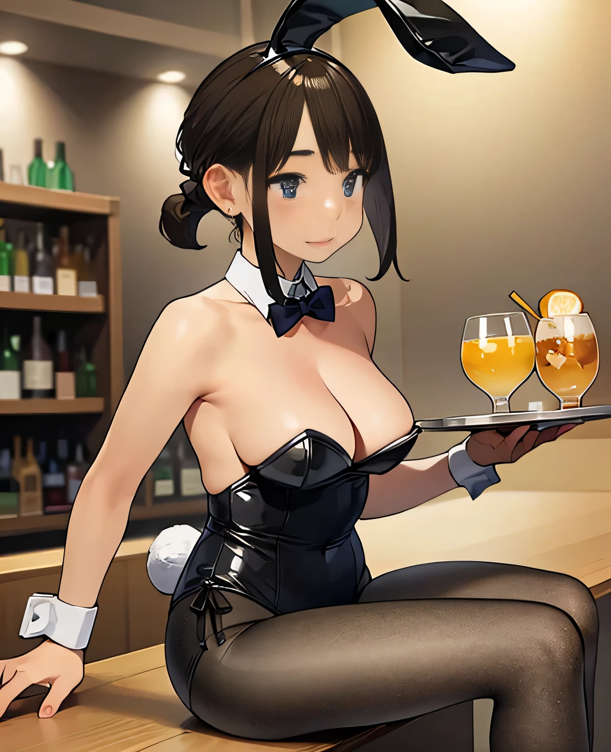 (top-quality、in 8K、32K、masterpiece、nfsw、highly detailed、Impresionismo、Photorealsitic:1.2)、Full body, (a bar counter、shop front:1.4)、cara simetrica y hermosa, deep-shadow, beauitful face、blurry backround、20-year-old beauty、shinny skin, Beautiful wavy golden hair、 poneyTail、Blue eyes, Beauitful face、blurry backround、 Bunny Girl、High-cut leotards、Muy delgado leotardo se ve el cuerpo atraves de el, a bow tie、White cuffs、Thighs wrapped in fishnet stockinglack rabbit ears、Have a tray of liquor、sit on the table、Shy smile、Curve, uncensored, nsfw, very hot, random angle view