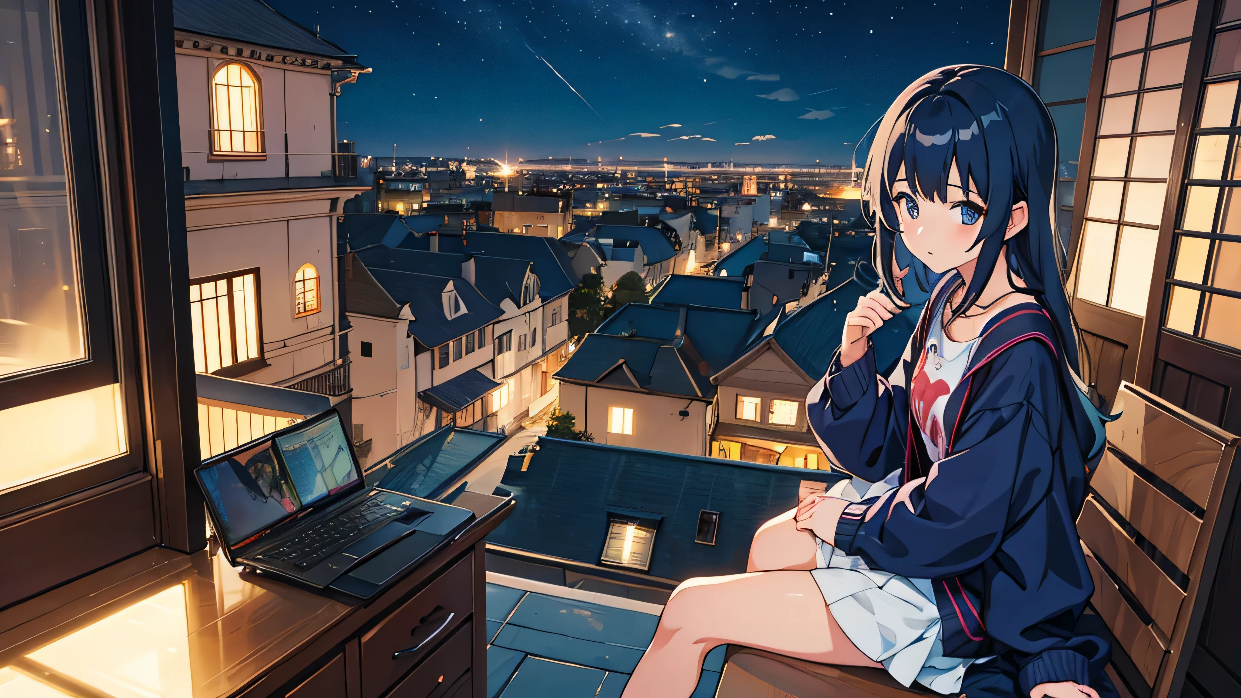 girl sitting on the balcony , Sentir y ver la vista exterior , Enfocar la ciudad por la noche ,best art 2d ,Chin is still 50, walnut'auricle , In other words:, that the song became one of the most important , evening, functional animation skills, a cat is sitting next to me ,have a computer,(アニメgirl),(2Dgirl),