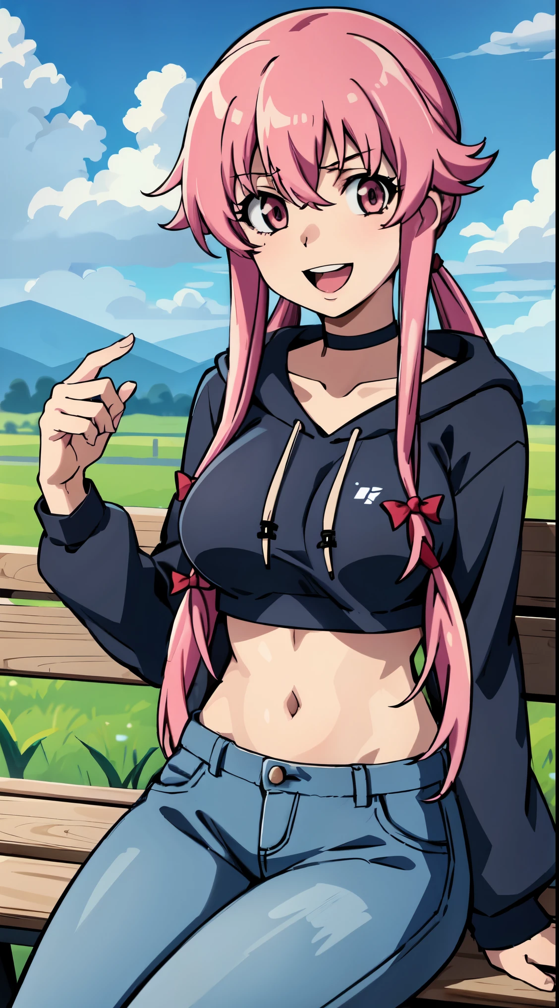 1girl, balloon, outdoors, denim, solo, pants, jeans, smile, pink_hair, choker, sitting, looking_at_viewer, hood, navel, pink_eyes, breasts, day, black_choker, midriff, long_sleeves, hoodie, collarbone, sky, grass, bangs, long_hair, blue_sky, open_mouth, sidelocks, tree, bench, hair_bow, twintails, black_hoodie, bow, hair_between_eyes, hood_down, cloud, building, medium_breasts, crop_top, teeth, blurry