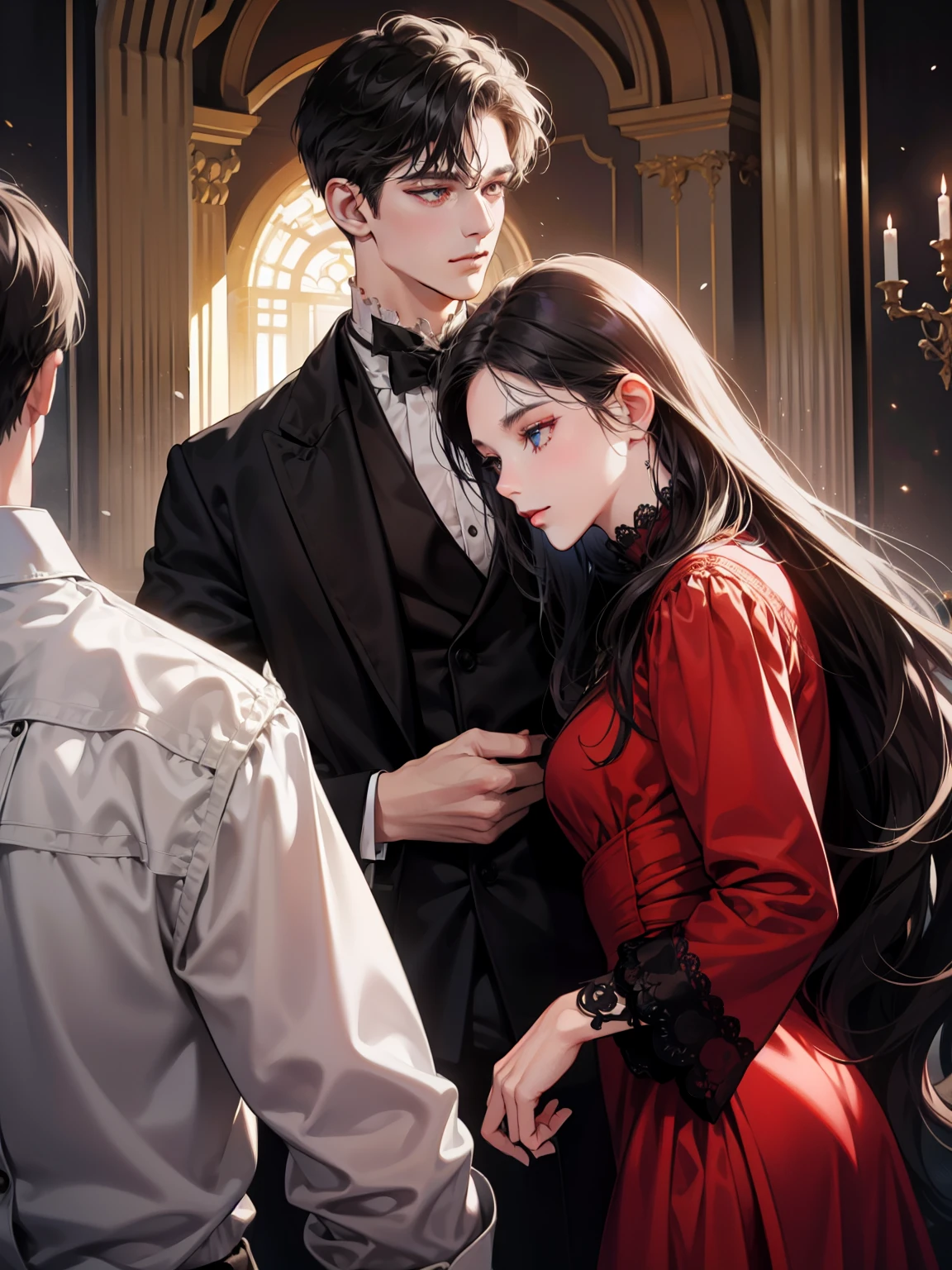 1 male, 1 female, Different hair colors, Very detailed face, Long, slender, twisted black hair and gray eyes., Short dark black hair and dark gray eyes., Face to face, 25 years old, victorian era, (woman wearing red dress), (The men wore long black coats and black suits.), The light is dim., Man is king, ((men are taller)), (dark palace)