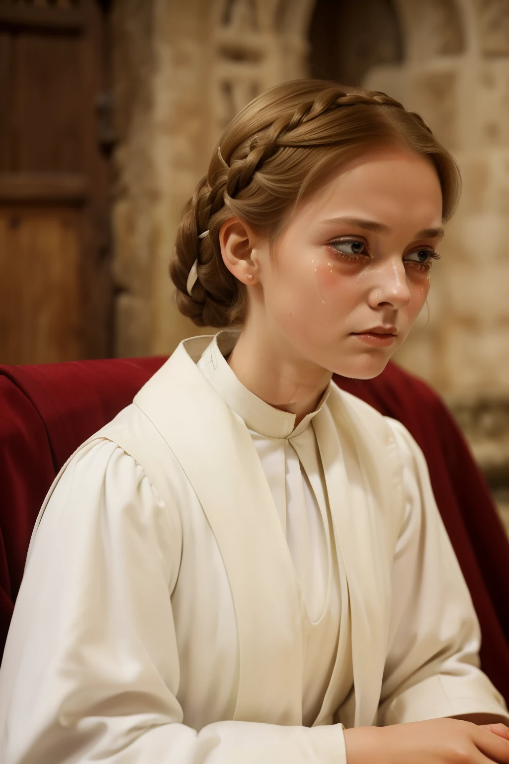 England, 1348. ((((31-year-old)) Caris Wooler)), attractive, expressive eyes, ((horror and shock expression, crying big tears)). ((((clothings from the 1340s, white uniform)))), ((light chestnut hairstyle of the 1340s))