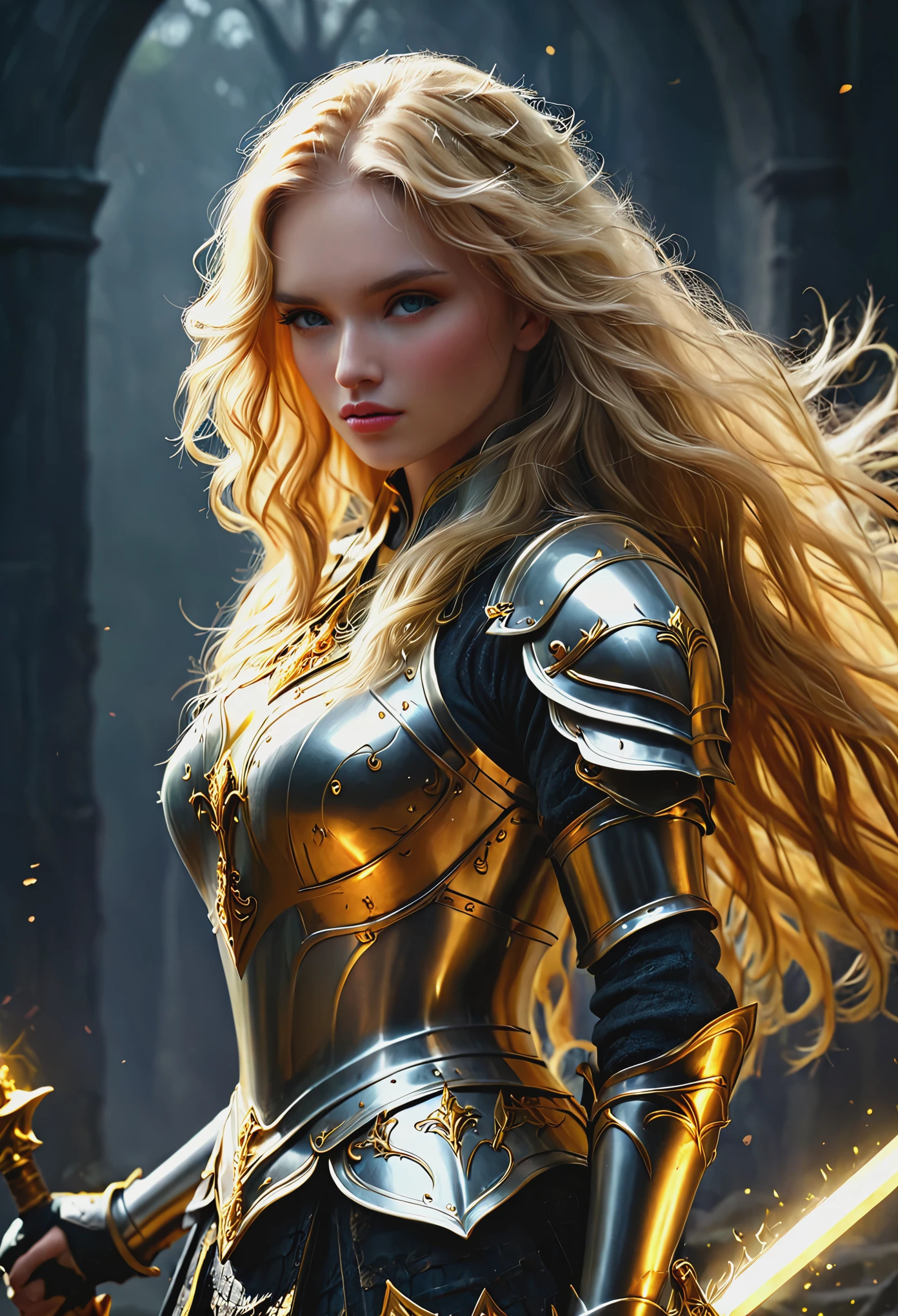 Blonde with long hair, golden knight in dark fantasy