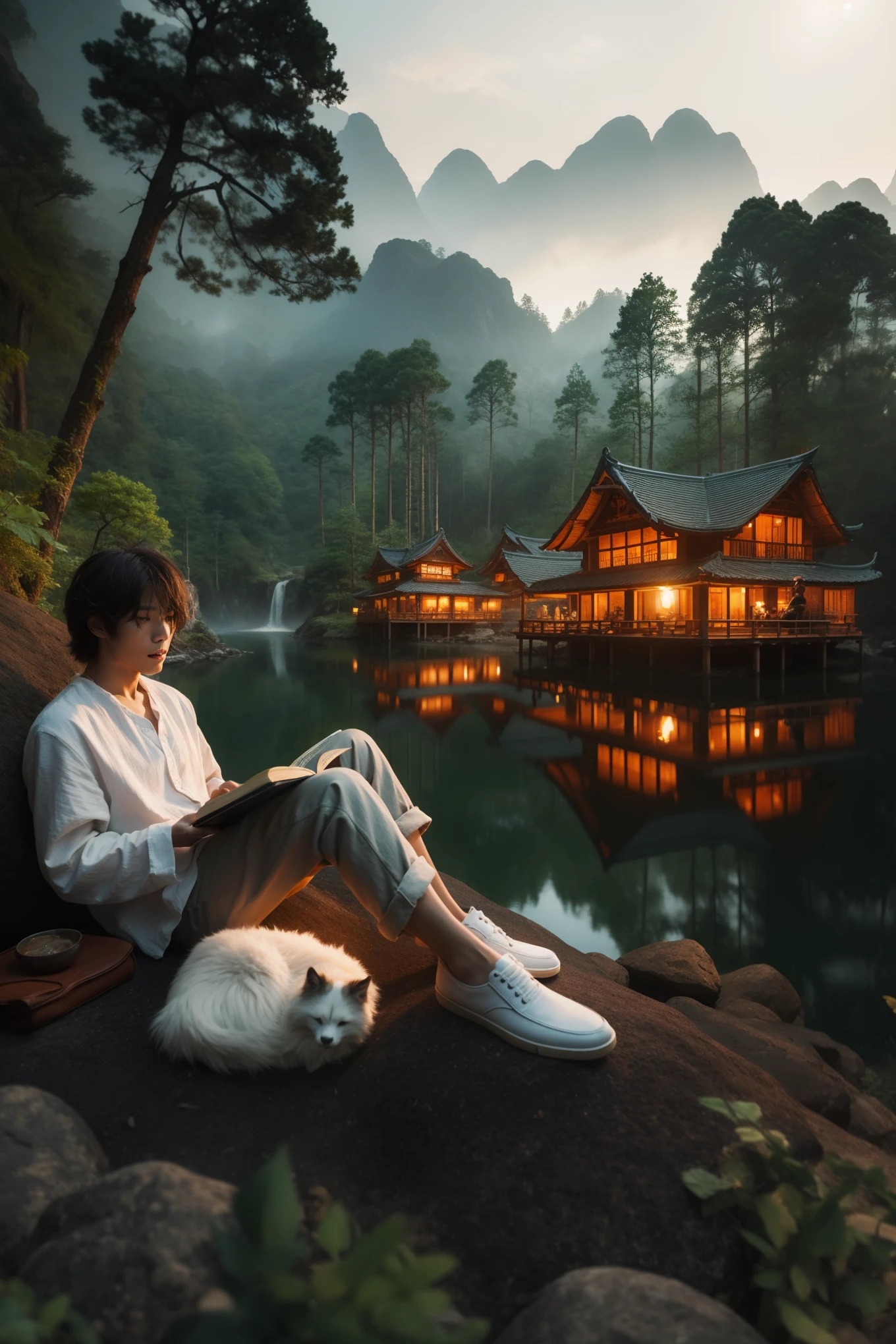 there is a man sitting on a rock reading a book, realistic fantasy photography, inspired by Kanō Naizen, by Yang J, japanese fantasy, by Fei Danxu, hyperrealistic fantasy art, realistic fantasy render, fantasy photography, by Han Gan, amazing composition, by Raymond Han, inspired by Matsumura Goshun, by Leng Mei