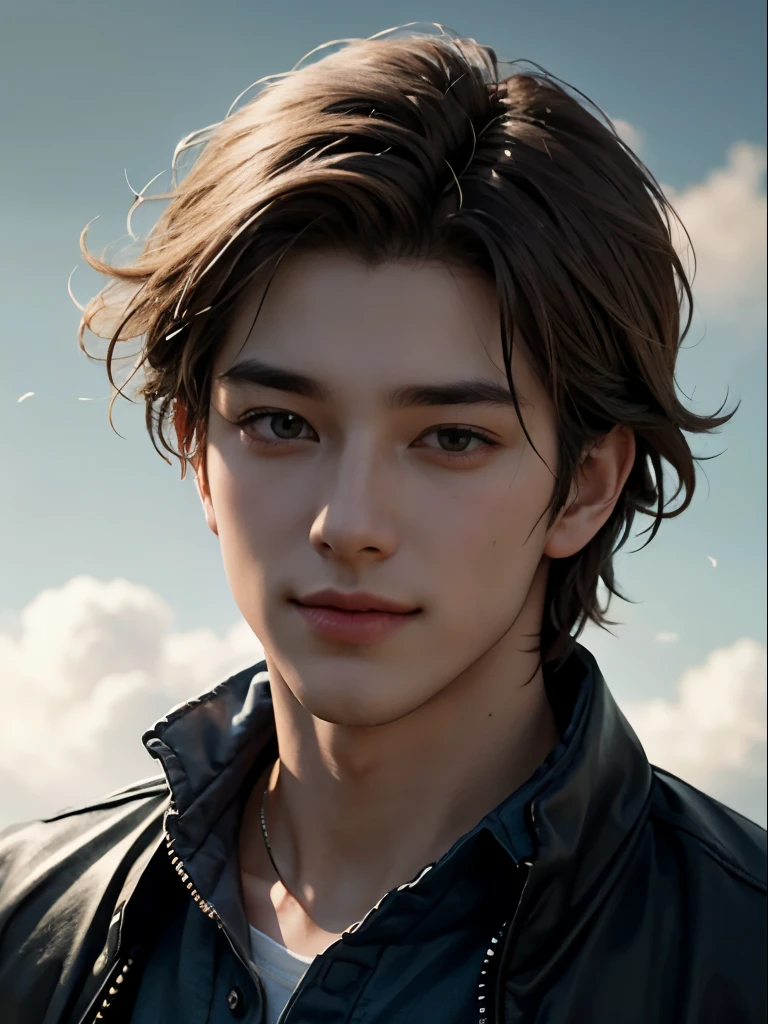 1 boy, 17 years old, teenager, light brown hair, large azure eyes, solo focus facial treatment for teenager, handsome, smiling, realistic, dynamic pose realistic, facial structure detailed and correct, Leon S. Kennedy, handsome, very elaborate, cowboy shot, most beautiful shape, elegant, light color, romanticism, James Jean Kennedy, handsome, very elaborate Dynamic Angle, Cowboy Shot, Most Beautiful Shape, Elegance, Bright Colors, Romanticism, James Jean Robbie Dowie Antono, Ross Tran, Francis Bacon, Michal Mraz, Adrian Gainey, Petra Courtright, Gerhard Richter, Ashley Wood, Atmospheric short ,baseball uniform, blue sky, white clouds, smiling ,baseball, looking at me, stadium