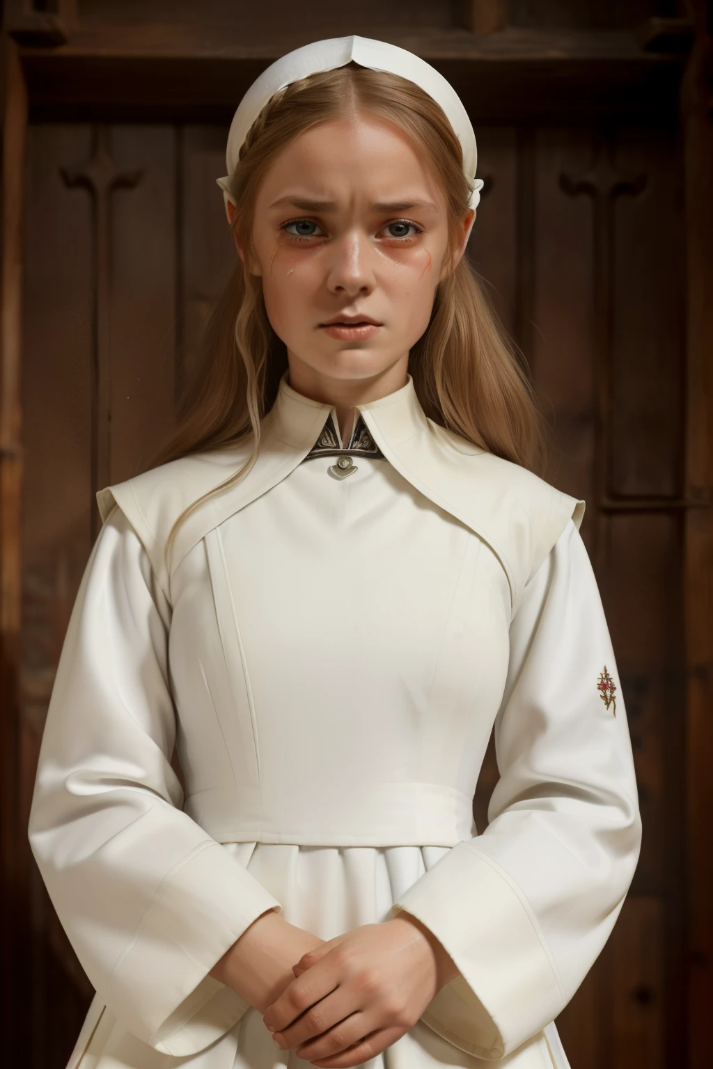 England, 1348. ((((31-year-old)) Caris Wooler)), attractive, expressive eyes, ((horror and shock expression, crying big tears)). ((((clothings from the 1340s, white uniform)))), ((light chestnut hairstyle of the 1340s))