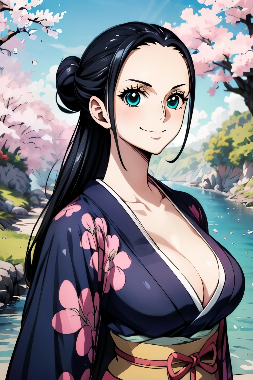 masterpiece, highest quality, 8K, ultra high resolution, highest quality, anime style, best writing, beautiful face,
Nico Robin, wano style, 1 girl, aqua eye, black hair, closed your mouth, 最高のsmile
(half updo:1.3), Luxurious black kimono, big breasts, long hair, 非常にlong hair, (free pose:1.3), smile, alone, Are standing, Cherry blossom trees, River side, ((masterpiece)) , upper body