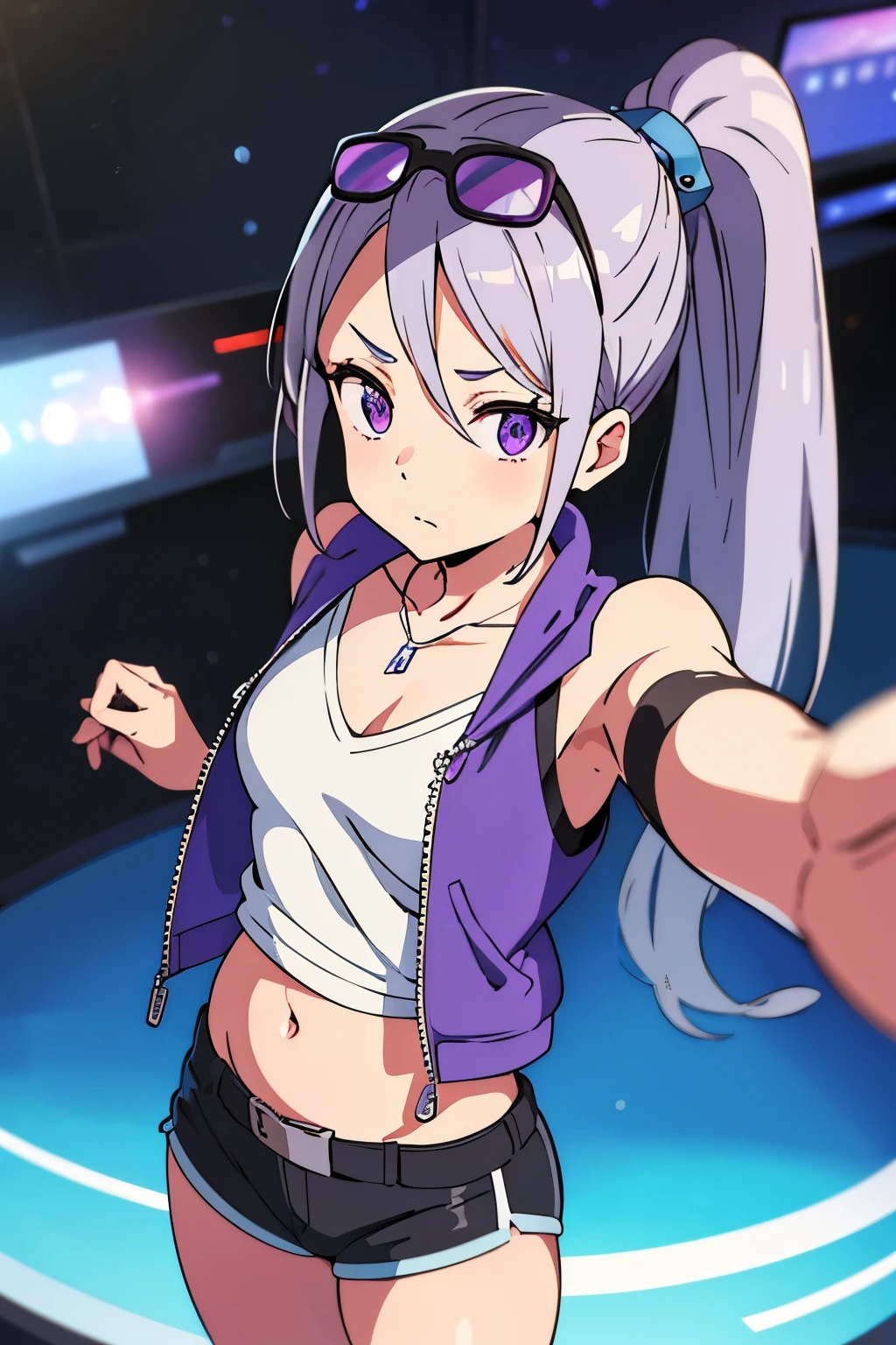 Silver hair in a short ponytail with a blue-purple ribbon, anime eyes, blue-purple sunglasses on her forehead, the zipper of a blue-purple blouson hanging down over a black tank top, blue-purple shorts with a white belt, a chain necklace, her belly button exposed, her eyes tilted upwards, and a cheeky look. Facial expression, look at me, space train is blurred in the background
