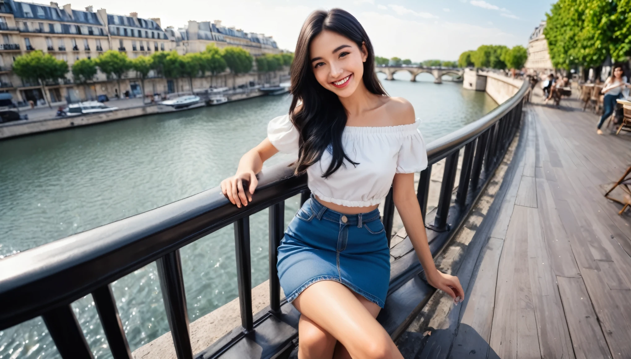 (Ultra Wide Angle, FishEye lens), 1 girl,(black hair semi-long)(beautiful hair), actress, smile, shiny skin, best quality, masterpiece, (photorealistic:1.4), terrace seating, Europe, France, Paris, denim mini skirt (realistic fabric), white short sleeves (cotton fabric), (no logo), thin fingers, Ultra Wide Angle, FishEye lens