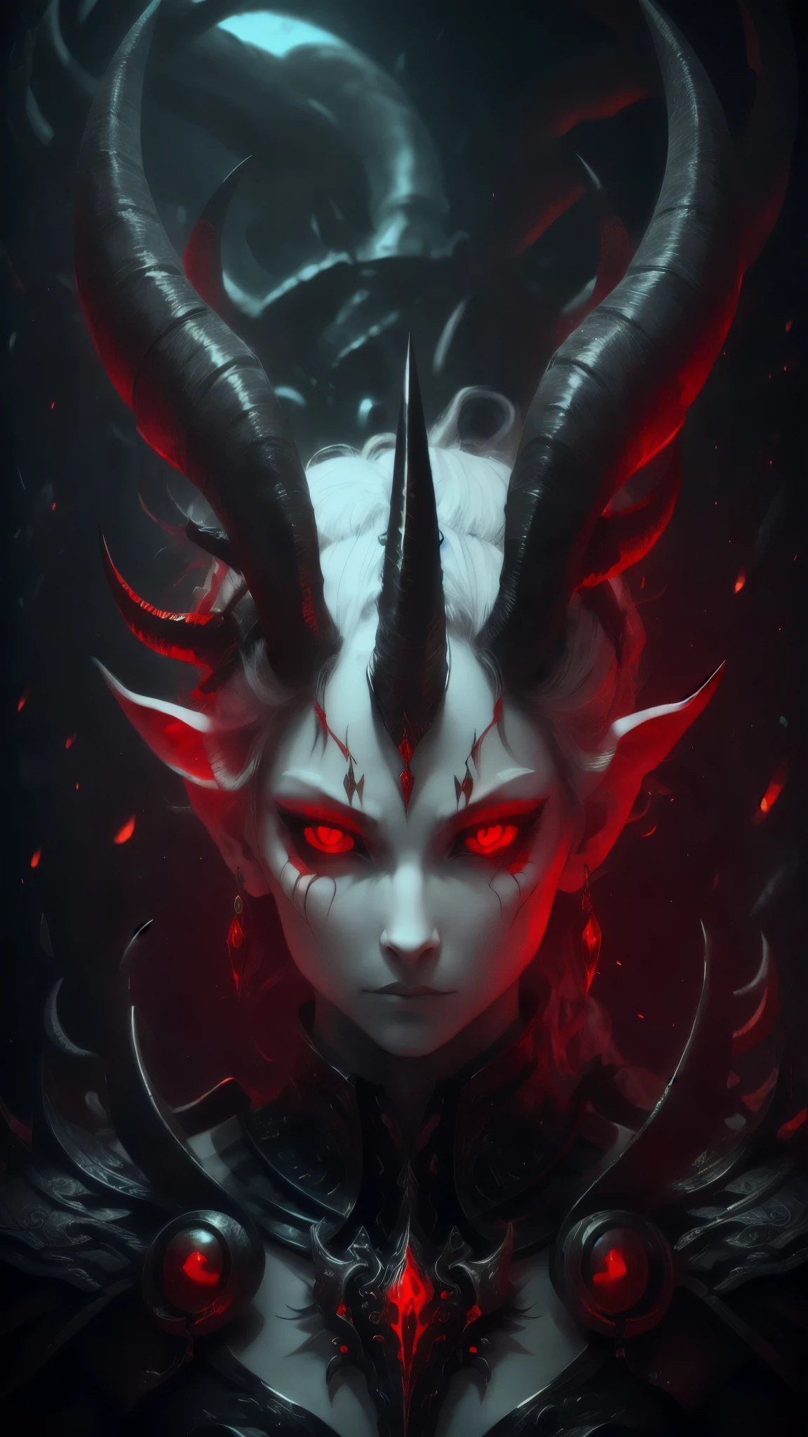 Demon with human face, horns, and a red forked tongue. White skin and red eyes and earrings on the ears. With long, black claws.