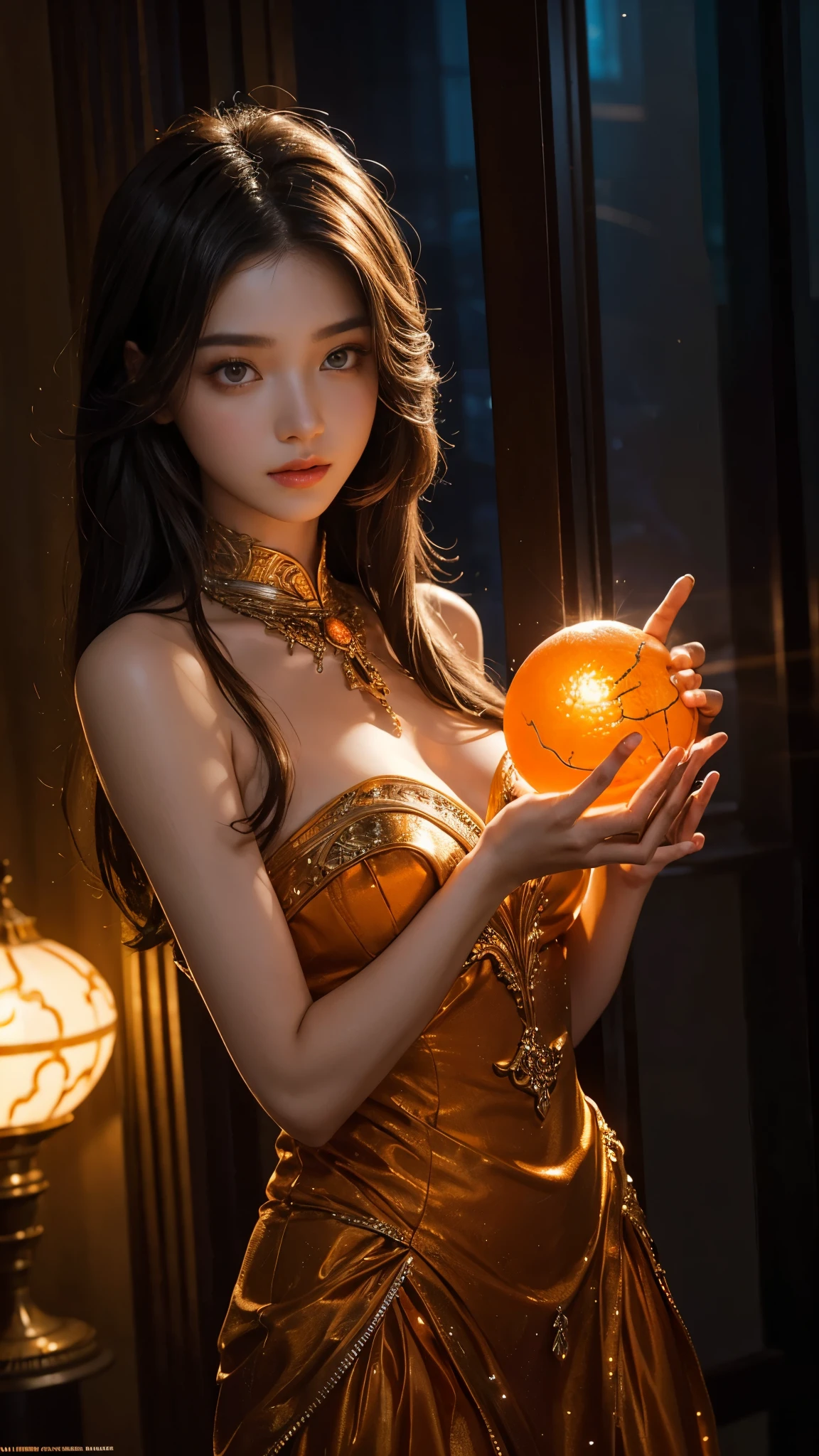 Full figure, seven -clinging shooting, 18 years old, wearing transperent science fiction dress, exquisite faces, details, hands, ultimate details, amazing magnificence, LED internal lighting, Pedaipan style, fiber hair, glowing orange iris, glowing orange iris,