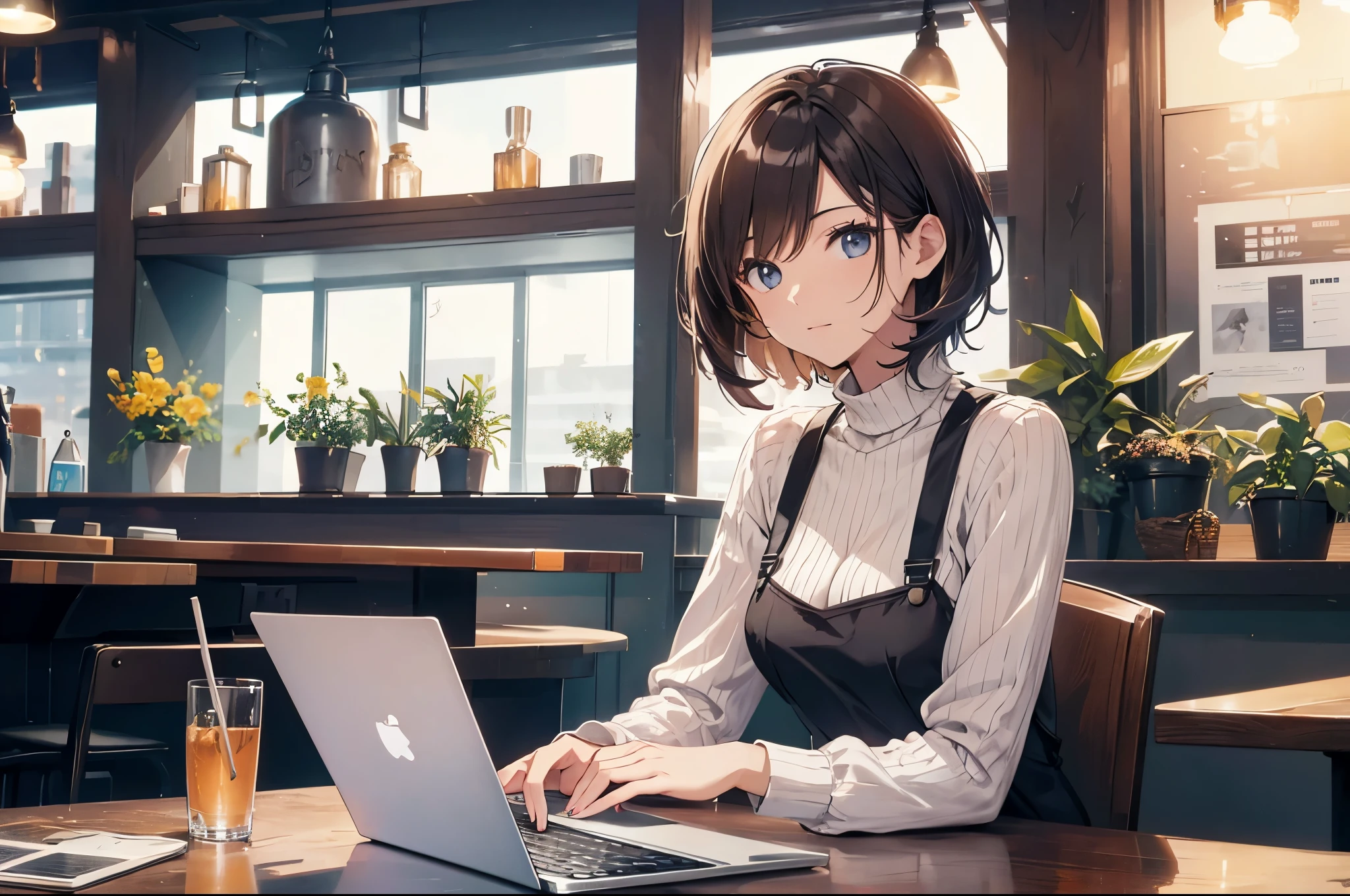 A woman operating a laptop in a stylish cafe、28 years old、adult atmosphere、Close-up、short hair
