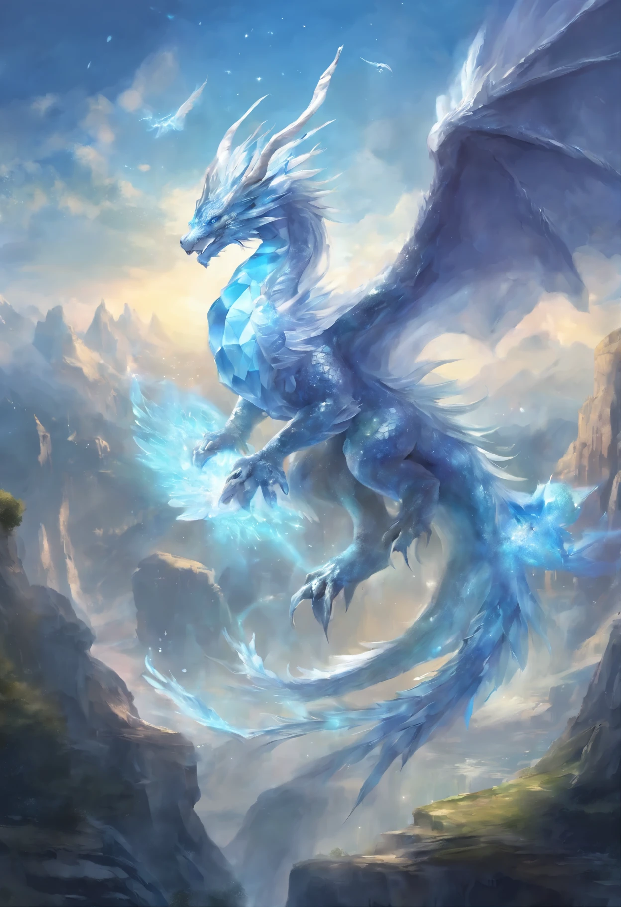 (((diamond、crystal)))、blue and white dragon with big wings