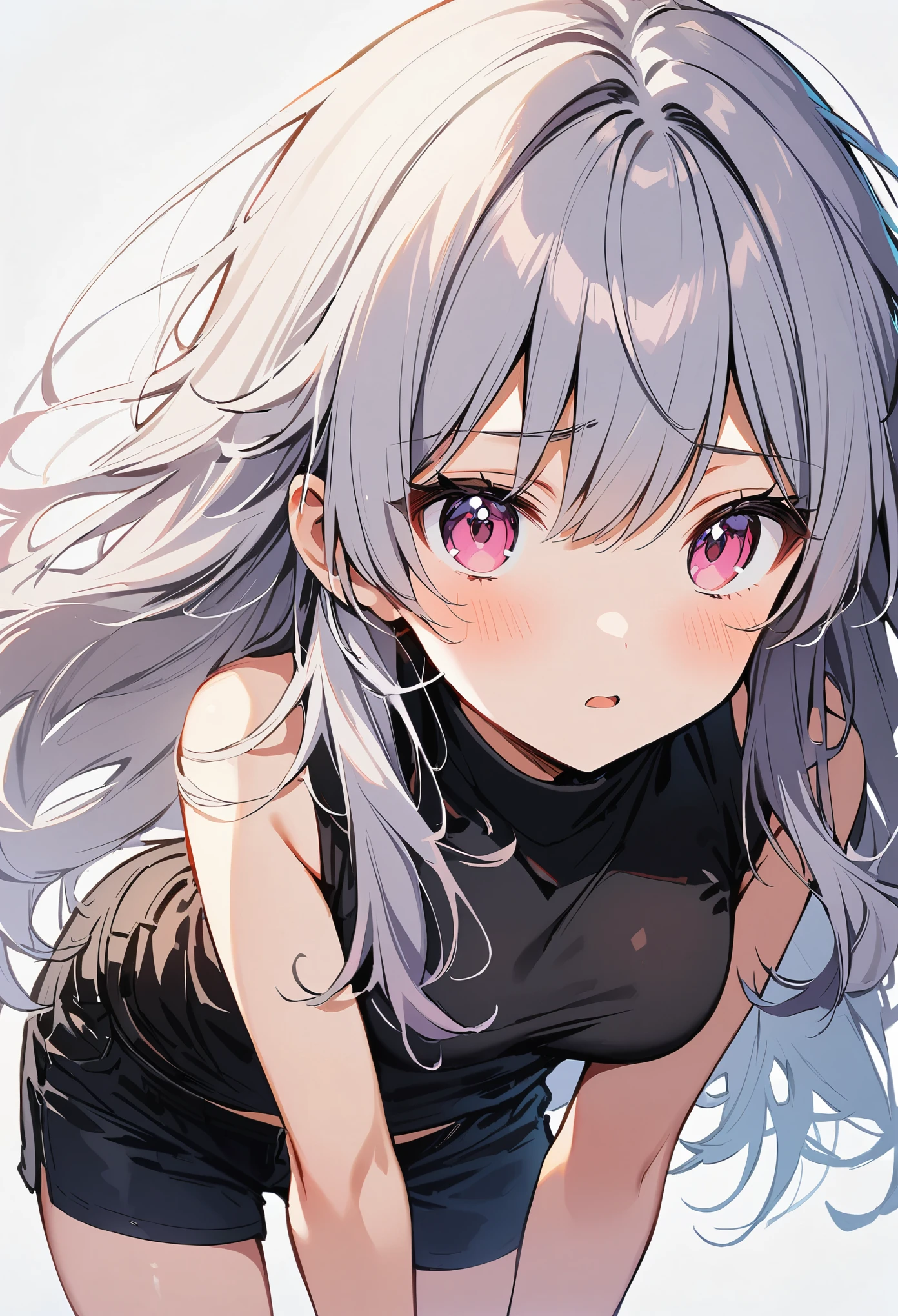 1 girl, medium breasts, blank expression, gray hair, messy hair, long hair, pink eyes, Black turtleneck with white short-sleeved shirt, black shorts, Cowboy shooting,