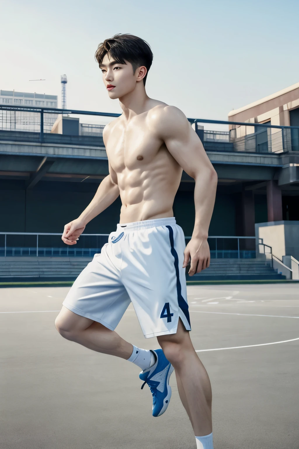 male people， Hirsutistic， Asians， curving， paleskin， sweat leggs，Basketball sports student，standing on your feet，realisticlying，A high resolution，中景 the scene iusculous，Handsome，of a shirtless，bold and unconstrained，Chinese handsome，wide angles，photorealestic，cinematic ligh，poster for，photore，（detail in face），mature，Handsome