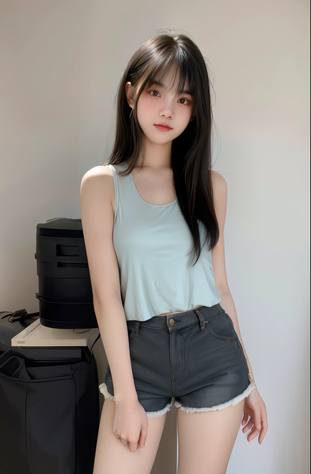 1girl, cute, 18 years old, seductive expression, look at viewer, (( tank top)),(( short pants)), photo, realistic, best quality, hires, detailed face,detailed background cityespace, diffused lighting, depth of field, black hair,front bangs, naugty face, long hair, messy hair, standing