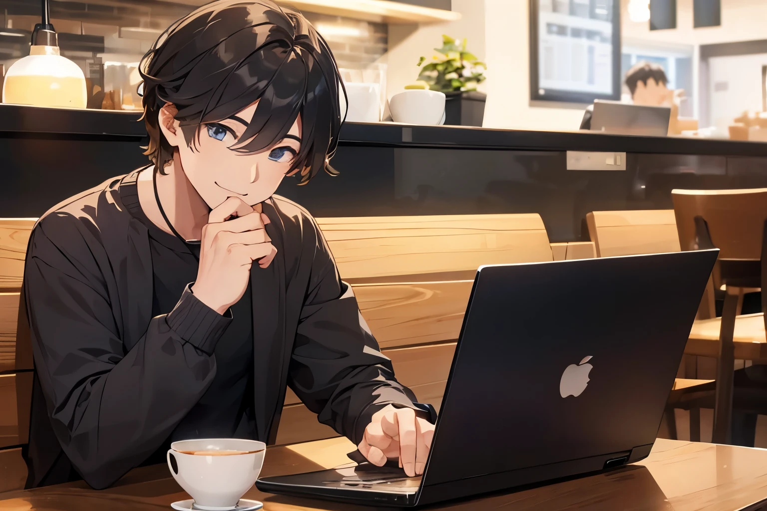 A man operating a laptop in a stylish cafe、28 years old、adult atmosphere、Close-up、casual clothes、smile