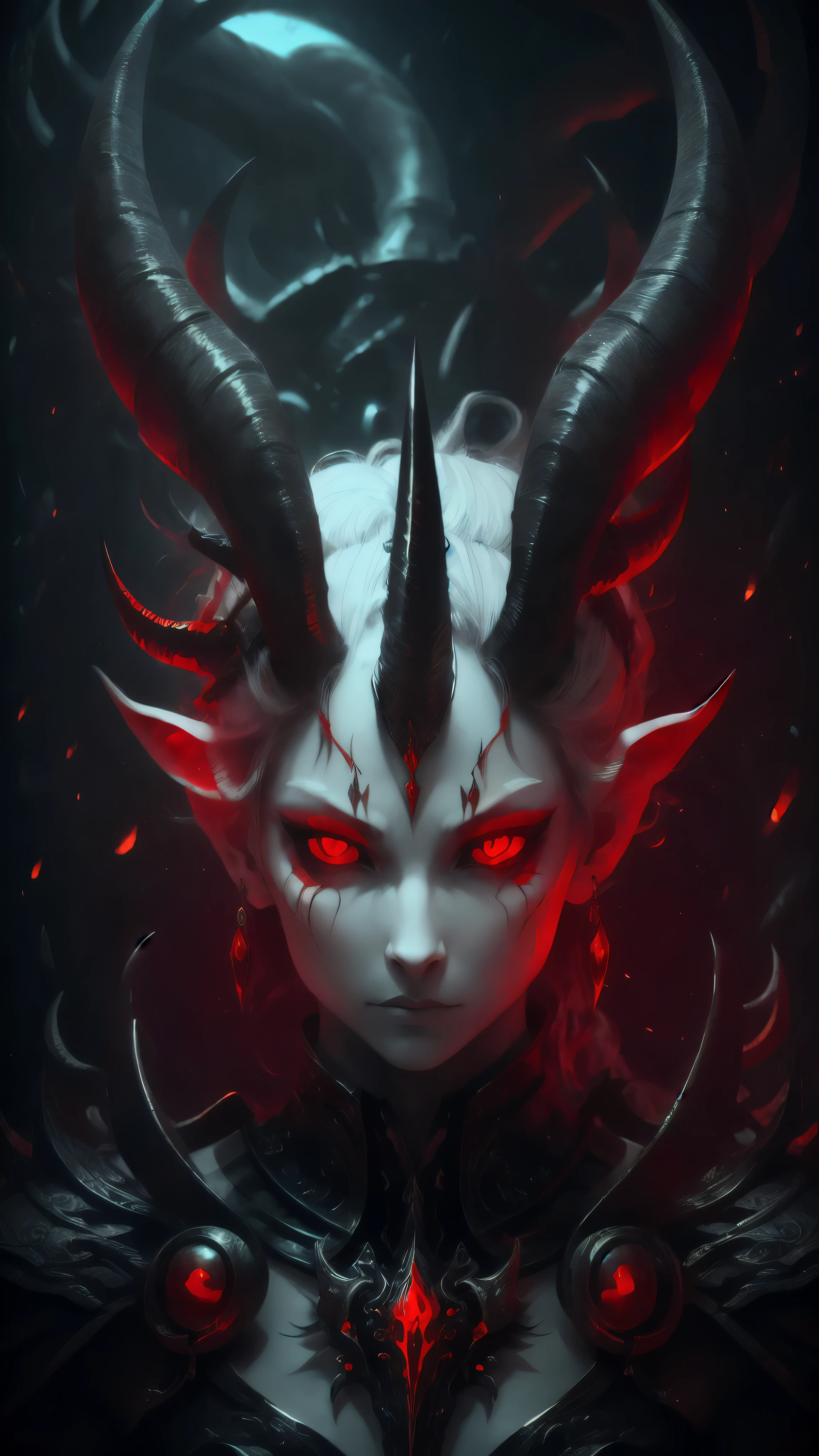 Demon with human face, horns, and a red forked tongue. White skin and red eyes and earrings on the ears. With long, black claws.  