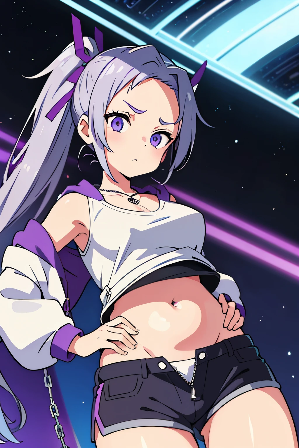 Silver hair in a short ponytail with a blue-purple ribbon, anime eyes, blue-purple sunglasses on her forehead, the zipper of a blue-purple blouson hanging down over a black tank top, blue-purple shorts with a white belt, a chain necklace, her belly button exposed, her eyes tilted upwards, and a cheeky expression. , look here, the space train is a blur in the background