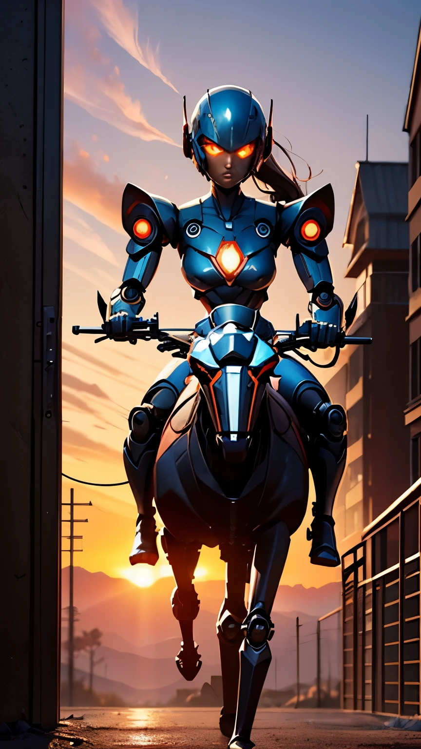 High quality, black iron puppet machine, female hero riding, fine machine riding, fine drawing, sunset background, glossy robot,