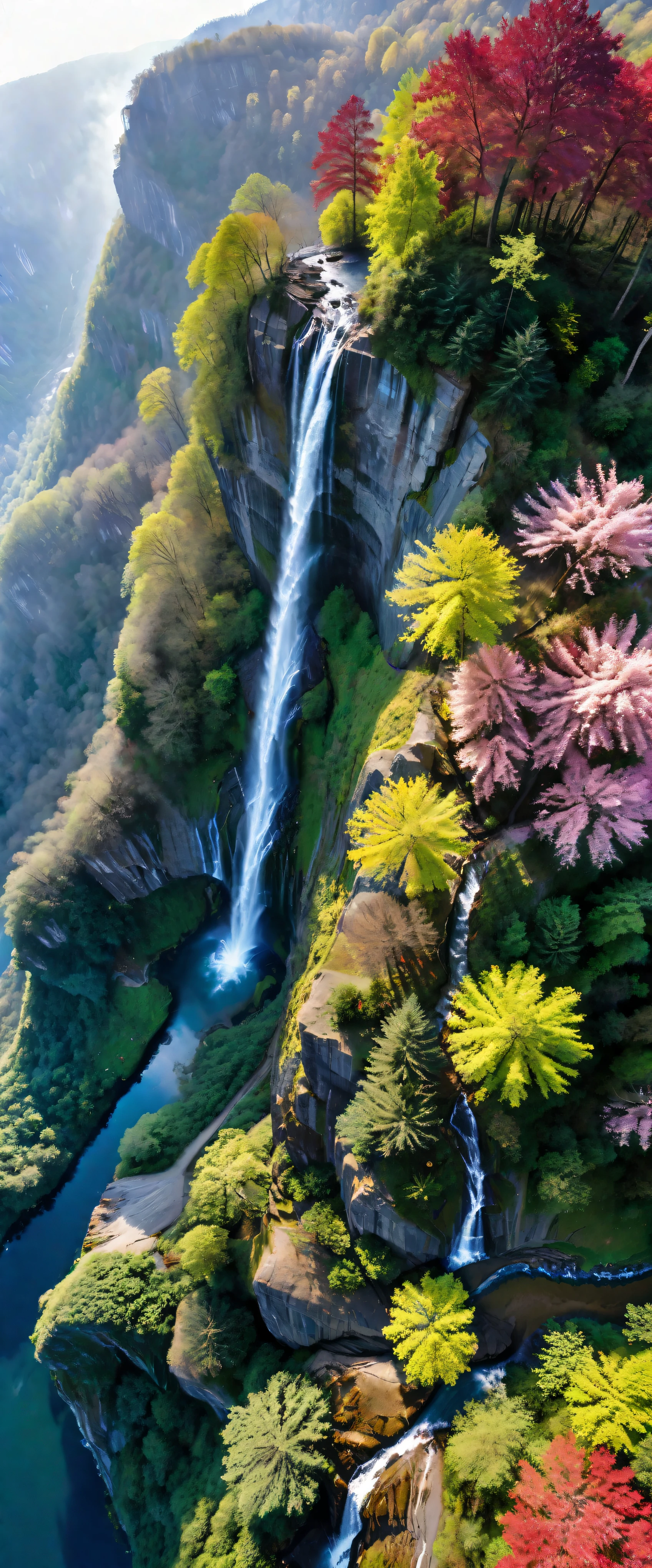 Low-angle view of Towering steep and towering waterfall in a cliff, wild forest, forest mists, asymmetric waterfall cliff canyon, (ultra wide angle:1.5), fisheye lens photo, ((Low-angle view):1.2), ((sense of extreme height):1.1), highly detailed background, (mists), Coexistence with the natural environment, extremely detailed background, lush wild sakura trees, red maple trees, beautiful landscape, secret lake, extremely detailed, depth of field, best quality, masterpiece, high resolution, Hyperrealistic, 8K, top-view, high angle view, BlueColor Palette.

Rendered in ultra-high definition with UHD and retina quality, this masterpiece ensures super detail. 

With a focus on high quality and accuracy, this award-winning portrayal captures every nuance in stunning 16k resolution, immersing viewers in its lifelike depiction. Avoid extreme angles or exaggerated expressions to maintain realism.

((perfect_composition, perfect_design, perfect_layout, perfect_detail, ultra_detailed)), ((enhance_all, fix_everything)), More Detail, Enhance.