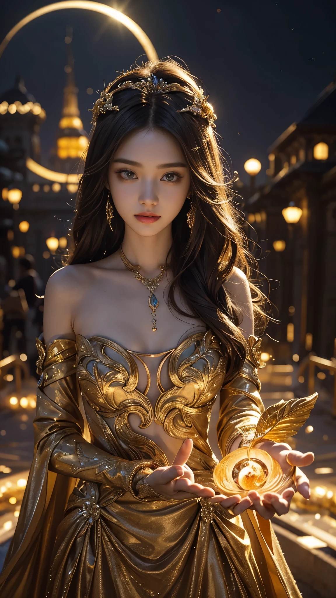 Full figure, seven -clinging shooting, 18 years old, wearing transperent science fiction dress, exquisite faces, details, hands, ultimate details, amazing magnificence, LED internal lighting, Pedaipan style, fiber hair, glowing golden iris, glowing golden iris,show armpits,clean armpits,sexy post