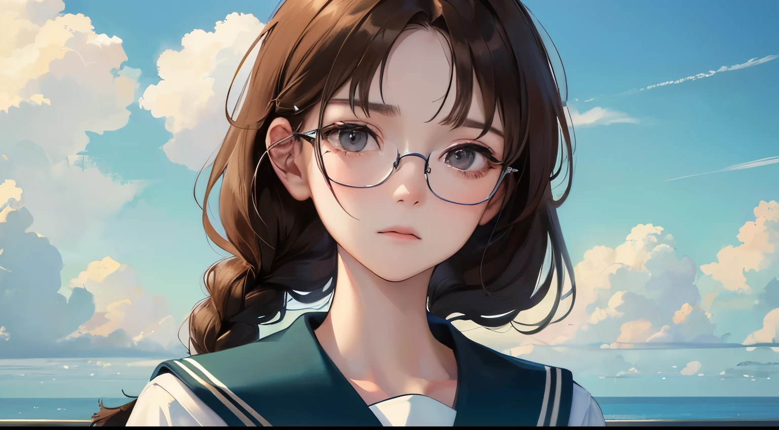 (((one girl)))、Masterpiece,best quality, ((cloudy sky))), determined expression, upper body diagram、Glasses、((look down with a gloomy face))、sailor suit、School zone、 (highest resolution、clear_image)、best quality、contrast of light and shadow、((illumination))、very detailed、semi-realistic、braided hairstyle、brown hair、bangs、15 years old、office Lady,,young、((View from the front))、delicate facial features facial features