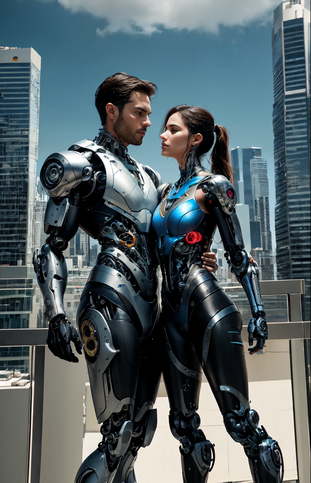 On the rooftop of a skyscraper, a male cyborg and a female cyborg engage in a sexual relationship. They are both depicted in stunning detail, with intricate details highlighting their magnificent anatomies. The scene is captured in the highest quality, showcasing the absurd resolution of 8K. The artwork is a masterpiece, featuring beautiful and slim bodies that are expertly crafted. The intense focus on intricate details enhances the hyper-detailing of the cyborgs' features, making them appear even more realistic. The lighting is soft and natural, casting a gentle glow that accentuates their natural skin textures. The overall composition of the artwork is carefully cropped to showcase the enticing 1/2 body of the cyborgs. The HDR technology further enhances the visual impact of the image, resulting in a truly breathtaking piece.